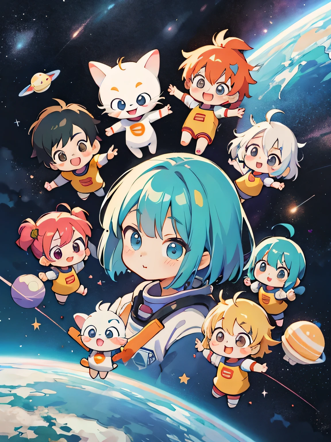 Akira Toriyama style, Kawaii Design, (((10 people)))、most beautiful girl ever、Chibi, Colorful bob hair、((Lots of friends))、Space travel together