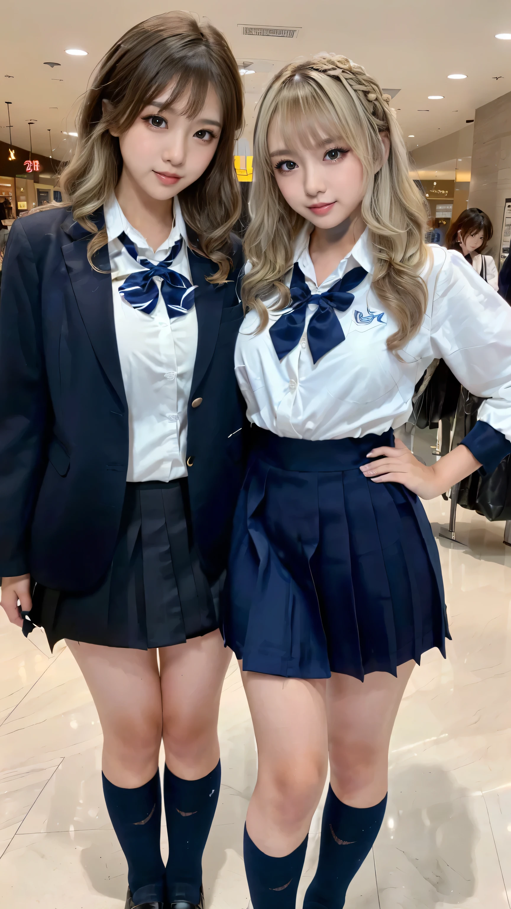 (scene; (2 people:1.8)), Gal, (High school girls 2 people), (Shopping mall, Shopping Street, street, Outdoor), (Look at me Are you standing, Full body portrait, Photograph the whole body, Full-body image, Are standing, With legs spread, Doing sexy poses), (Thin thighs, Long, slender limbs, Small waist), ((Highly detailed skin), Beautiful realistic face, White skin, Pointed Chest, Perfect Anatomy, Realistic eyes, Natural Eyes, Brown Eyes, Accurate eye focus, Accurate limbs), (Hyper Realist, Ultra-realistic, 4k, Attention to detail, Ultra-high resolution, highest quality, masterpiece, Presence, dynamic, Uplifting, bold, Sharpness), (Huge breasts:1.5, Cleavage:1.5), (Blonde long hair:1.5, Wavy long hair:1.5, Curly Hair:1.5), (sleek bangs), (Twin tail hair), (White collared shirt, Pleated mini skirt, Navy colored socks, Black loafers, Ribbon tie), High school girl in uniform, Surreal high school girl, tall, High school girls in uniform, smile, Emphasis on cleavage, Sexy panties are visible, (Are standing Two high school girls:1.8),