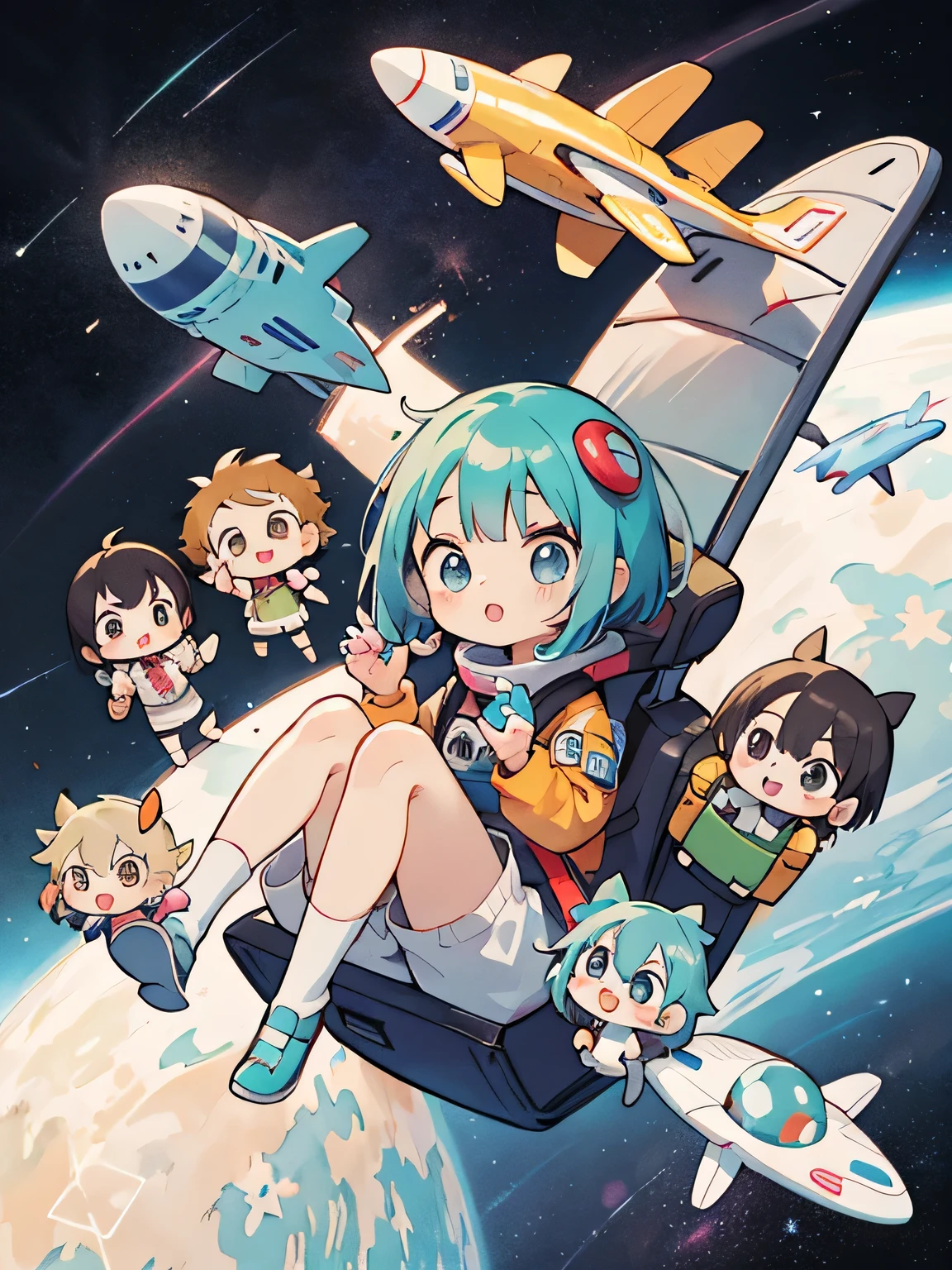Akira Toriyama style, Kawaii Design, (((10 people)))、most beautiful girl ever、Chibi, Colorful bob hair、((Lots of friends))、Space travel together