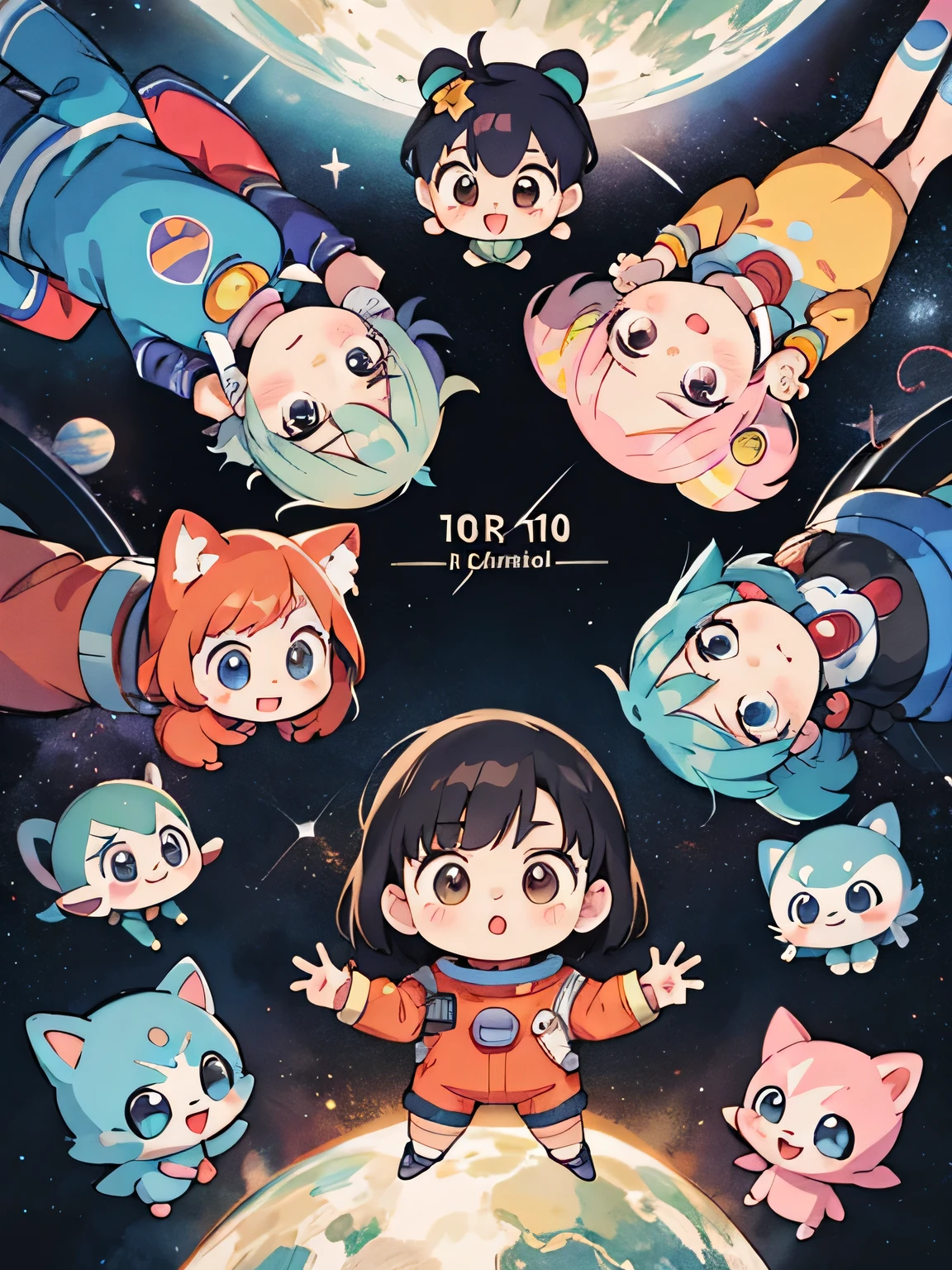 Akira Toriyama style, Kawaii Design, (((10 people)))、most beautiful girl ever、Chibi, Colorful bob hair、((Lots of friends))、Space travel together