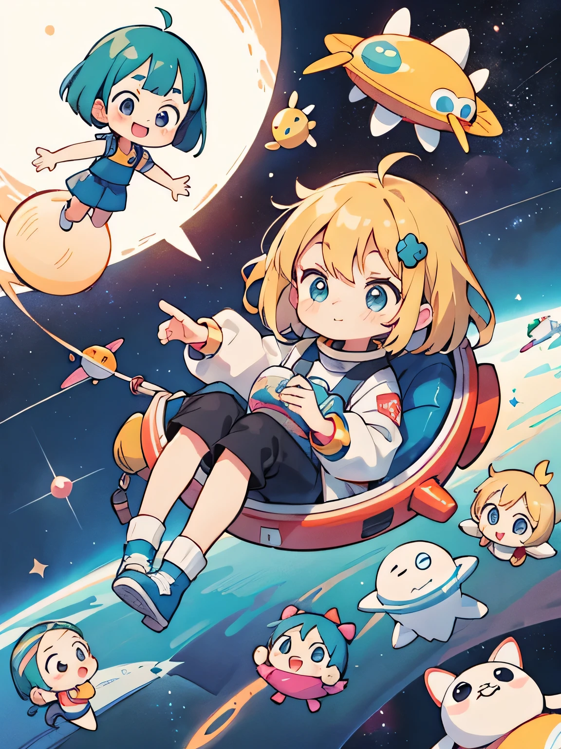 Akira Toriyama style, Kawaii Design, (((10 people)))、most beautiful girl ever、Chibi, Colorful bob hair、((Lots of friends))、Space travel together