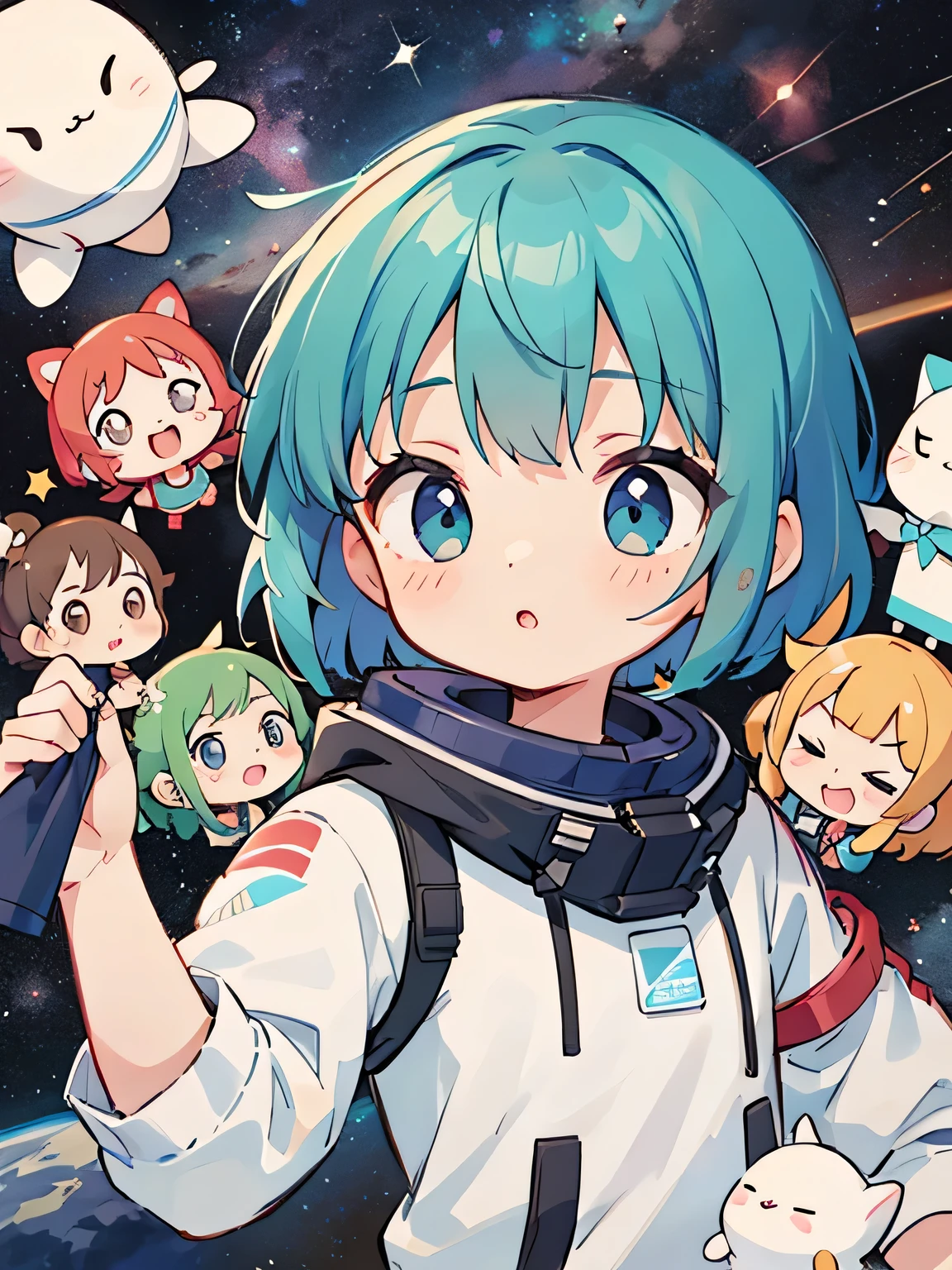 Fuuka color々Narrative Style, Kawaii Design, (((10 people)))、most beautiful girl ever、Chibi, Colorful bob hair、((Lots of friends))、Space Exploration