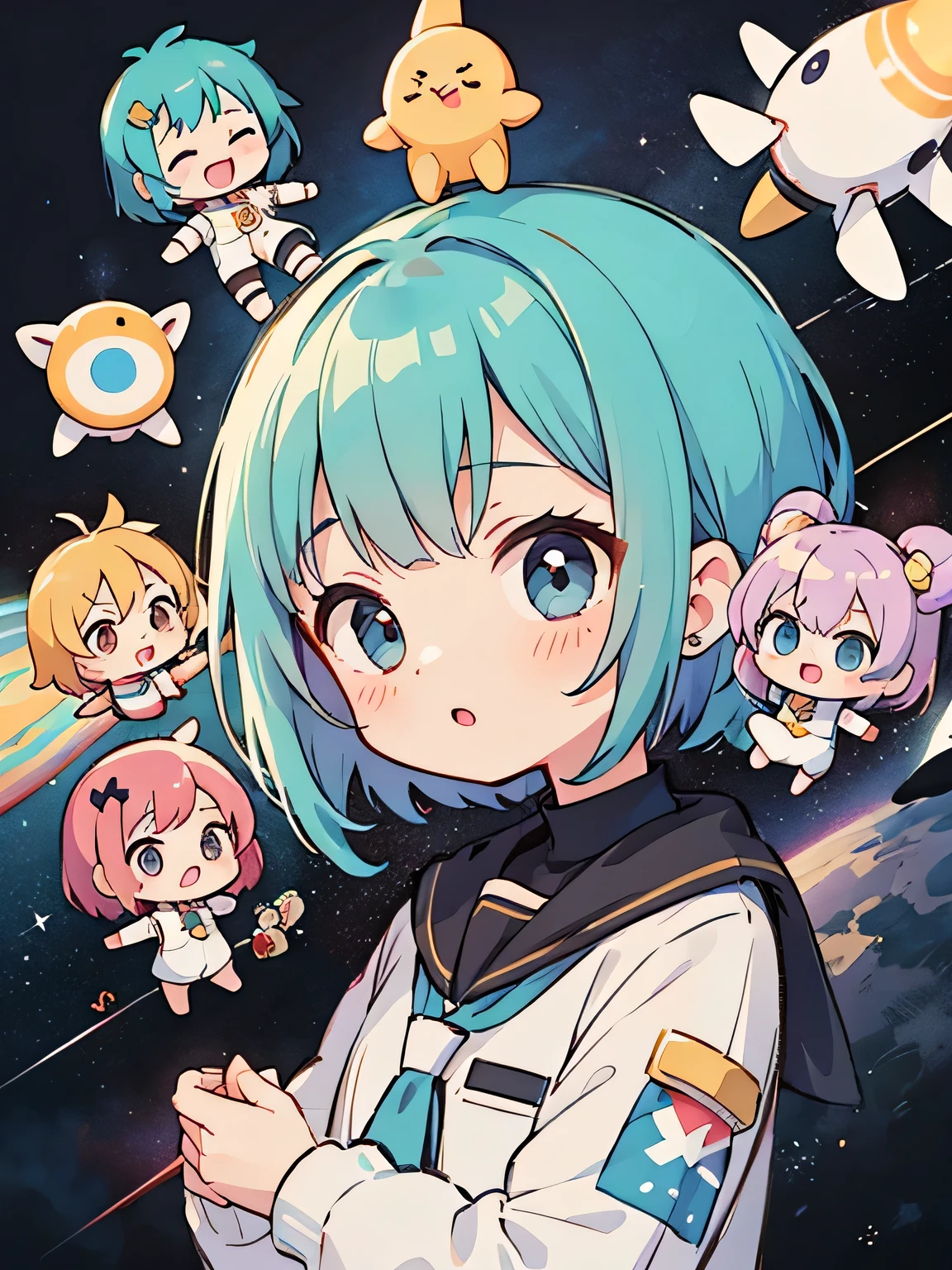 Fuuka color々Narrative Style, Kawaii Design, (((10 people)))、most beautiful girl ever、Chibi, Colorful bob hair、((Lots of friends))、Space Exploration