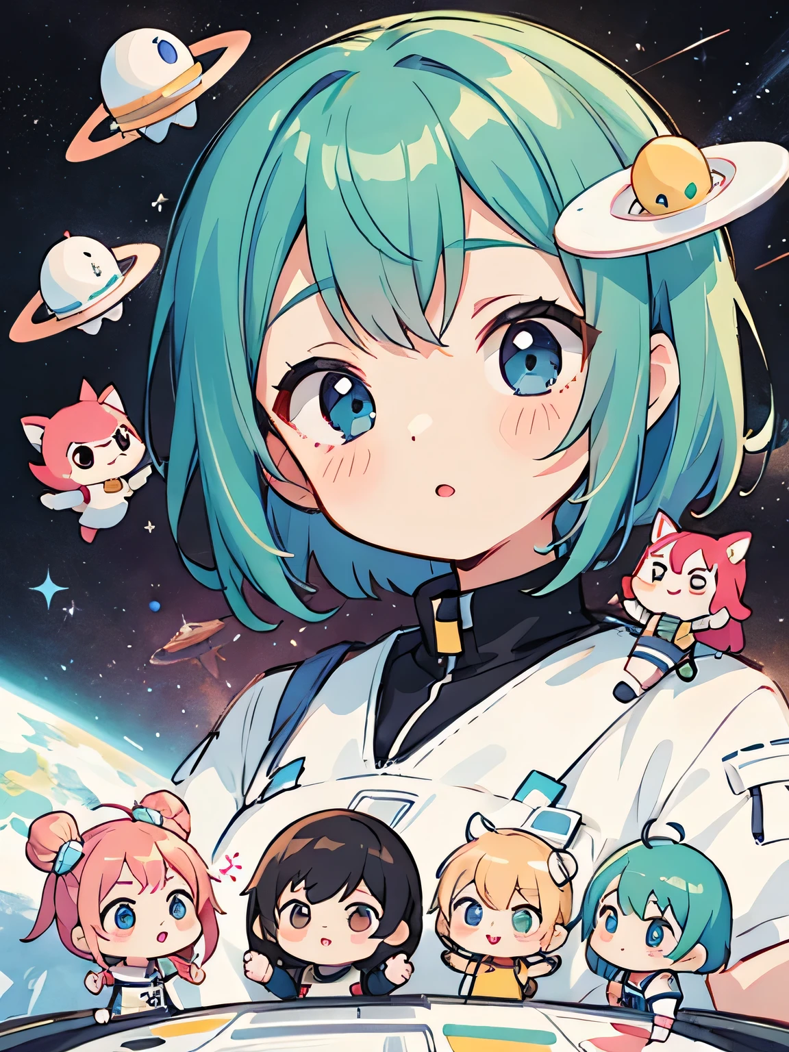 Fuuka color々Narrative Style, Kawaii Design, (((10 people)))、most beautiful girl ever、Chibi, Colorful bob hair、((Lots of friends))、Space Exploration