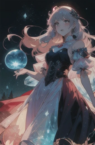 Princess, magical, fantasy, war, blood, floating hair, epic, burning village, anger, madness, meteor, cosmos
