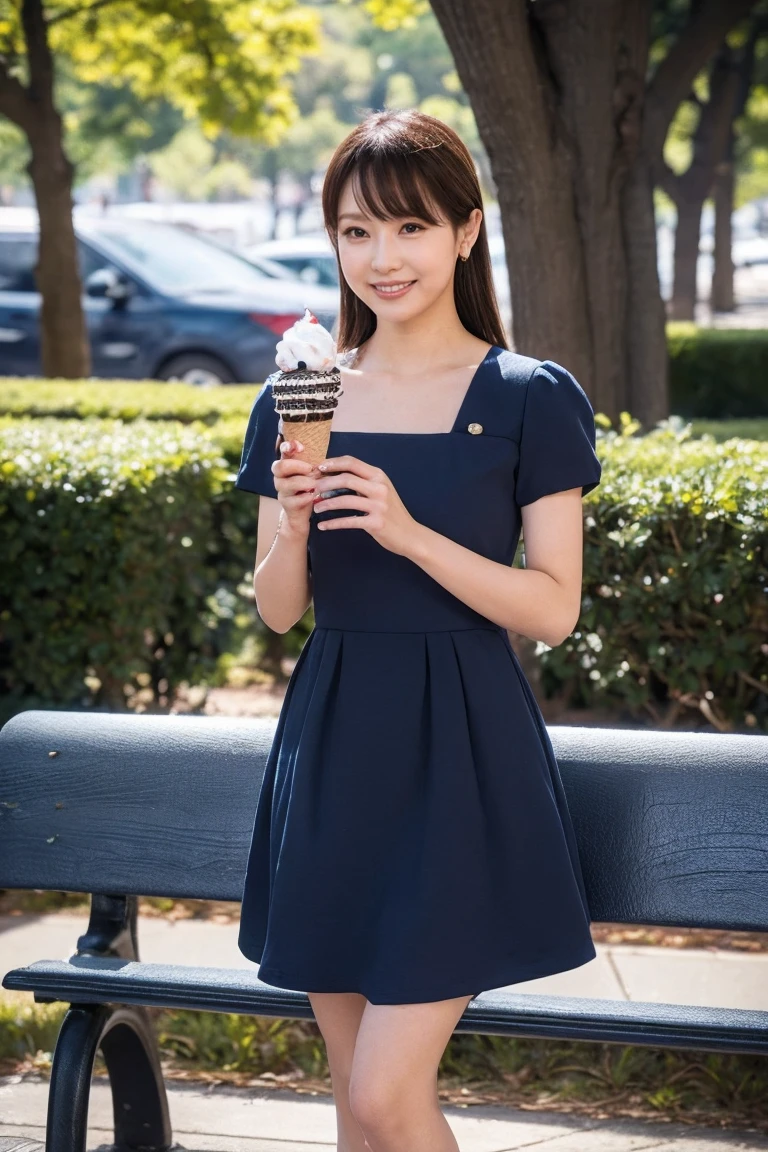 highest quality, flying debris, Realistic, High resolution, 8k RAW Photos,alone, One Girl, 30 years old、Eat soft serve ice cream、smile、(((White Edge、Navy Blue Dress)))、High heels、Hold the soft-serve ice cream in both hands、On a park bench
