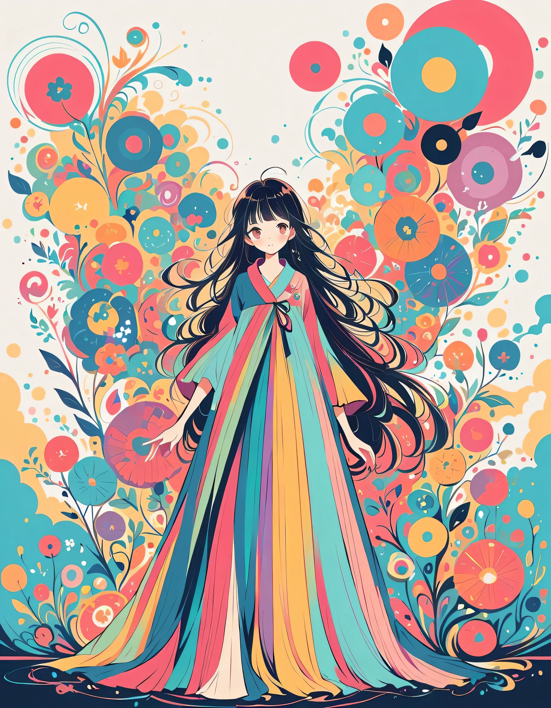 Mai Yoneyama style, Standing in front of a high wall，Simple Line Initialism，Abstract art，Urban Background, (((The most beautiful girl))), colorful flowers
