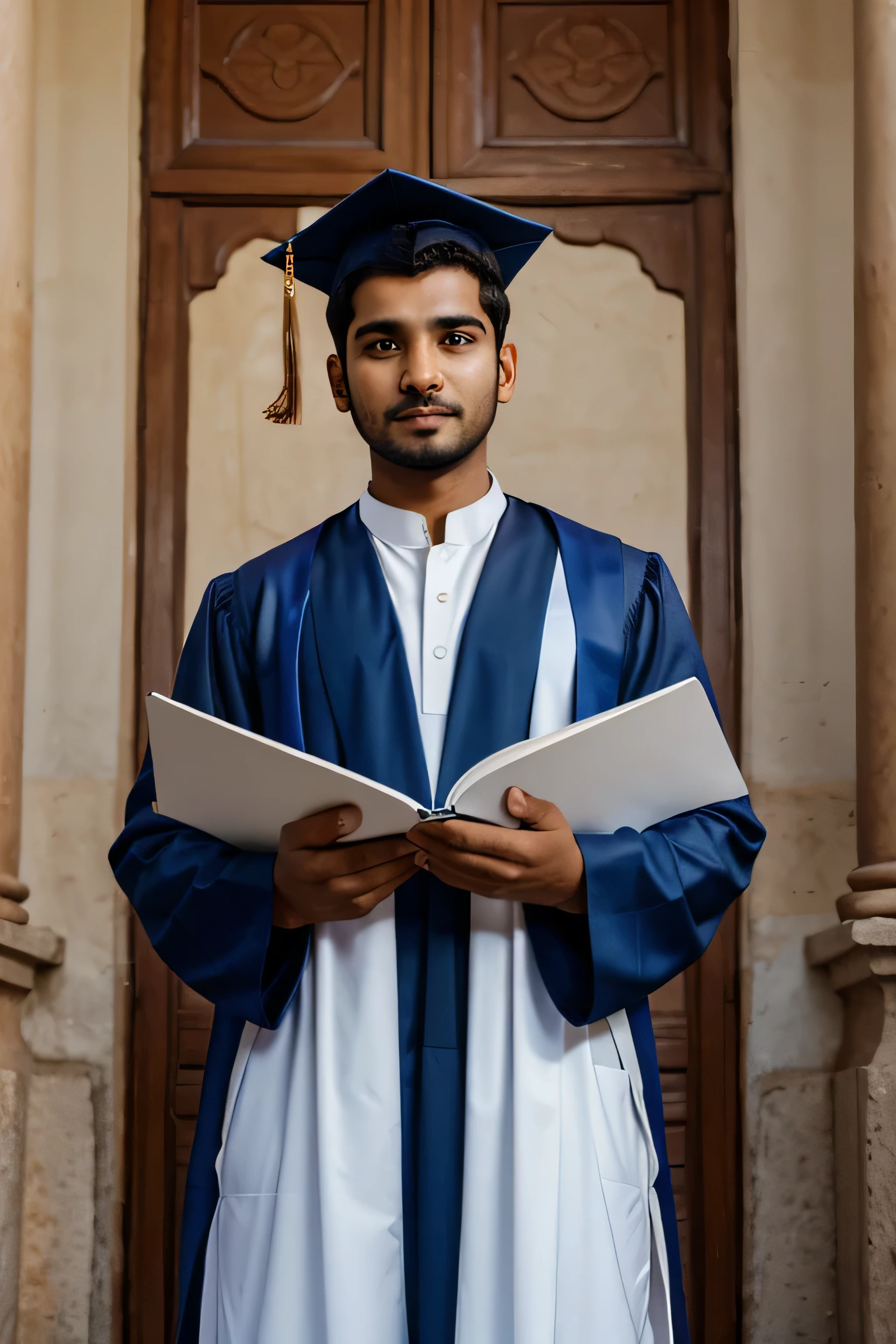 man in a graduation gown and cap and gown , a photo by Pakistani Boy, 25 years old in college class rome 
