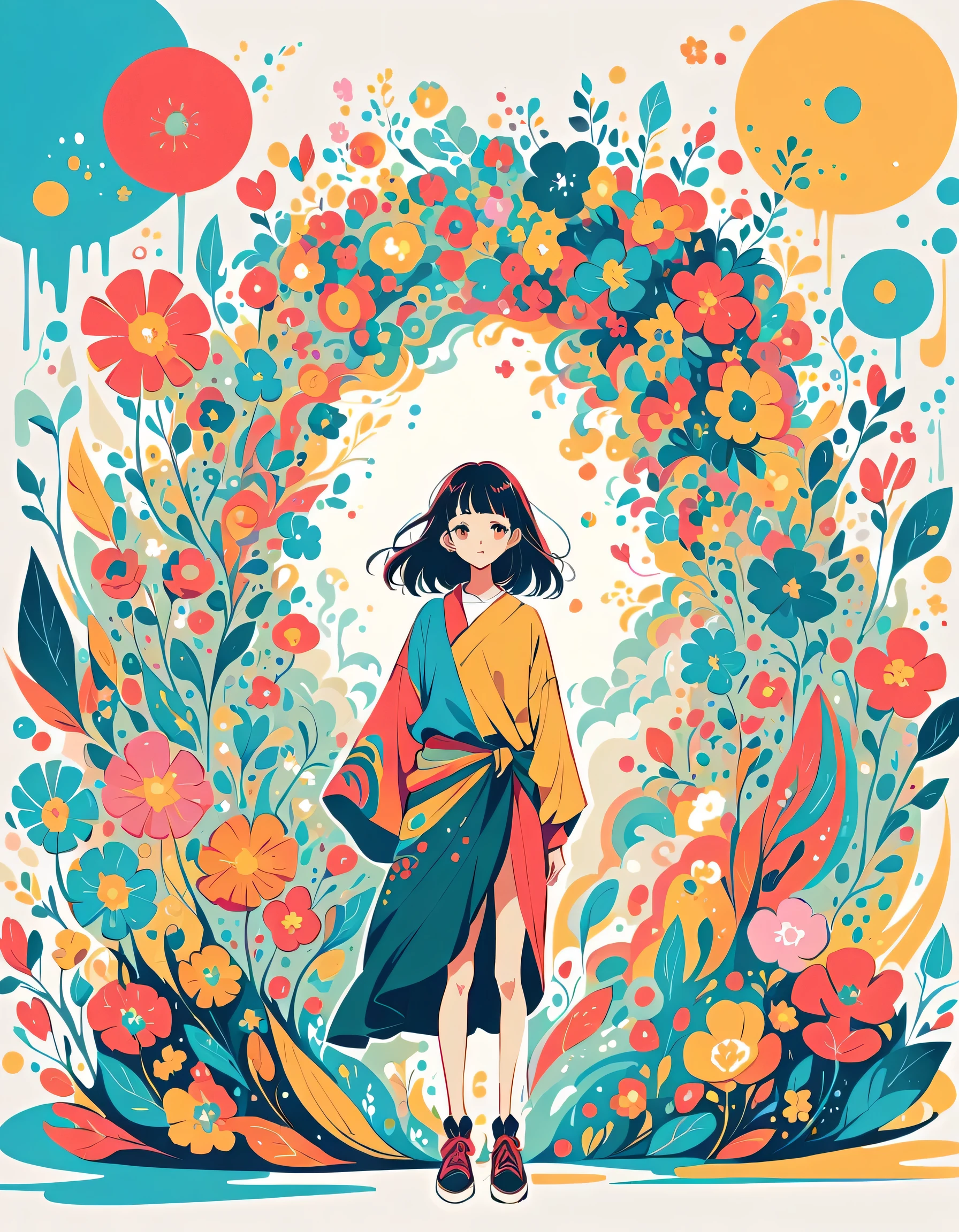 Mai Yoneyama style, Standing in front of a high wall,Simple Line Initialism,Abstract art,Urban Background, (((The most beautiful girl))), colorful flowers
