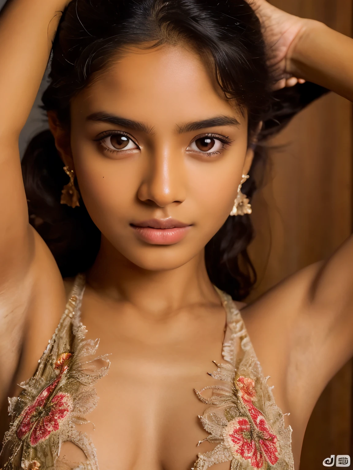 Highly detailed textured skin, Meticulously detailed face, intricate details of the eyes, Eye symmetry, Facial Symmetry, Underarm, Long Curly Hair, (Perfect Five Fingers), Hands outstretched in the air, Beautifully detailed abs, Round deep navel, 36th, ,A thin camisole directly on the naked body、 Highly detailed thighs, Thin legs, Sneakers, Carefully detailed facial features, Glossy lips, Glowing Skin, Extremely realistic detailed portrait of a 20 year old Tamil girl, Rich and vibrant colors, HDR, Budget lighting, High budget movie scene、whole body
