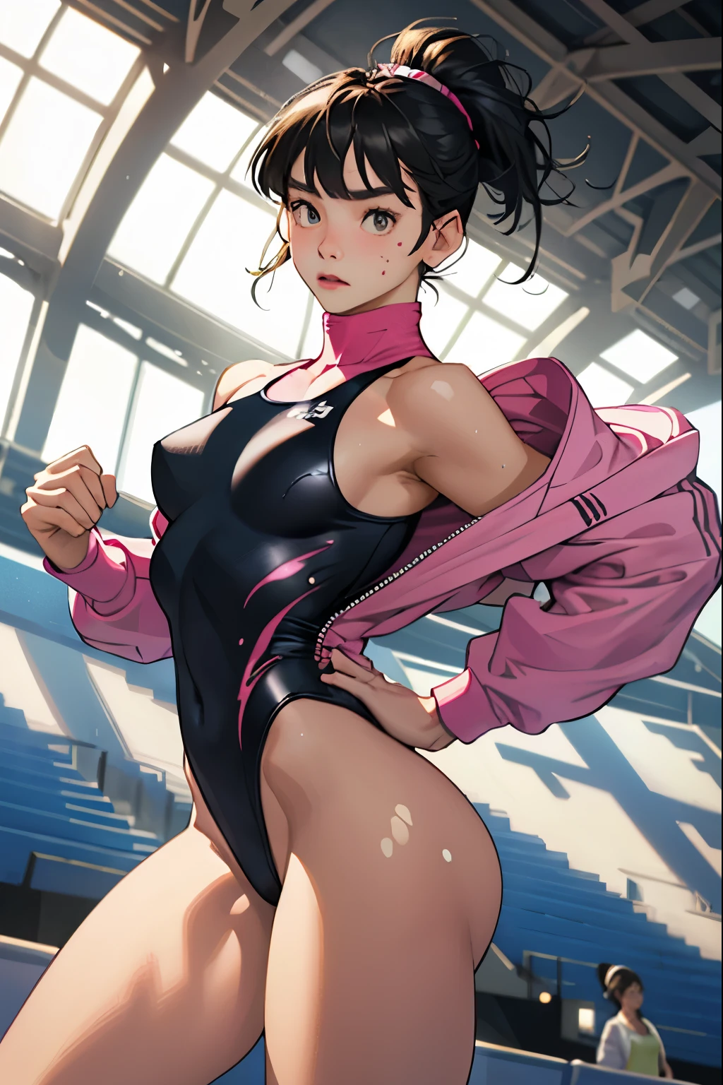 Realistic,.Wearing a leotard,Gymnast,Gymnastics arena,笑face,face,Skin realism, Y-shaped balance