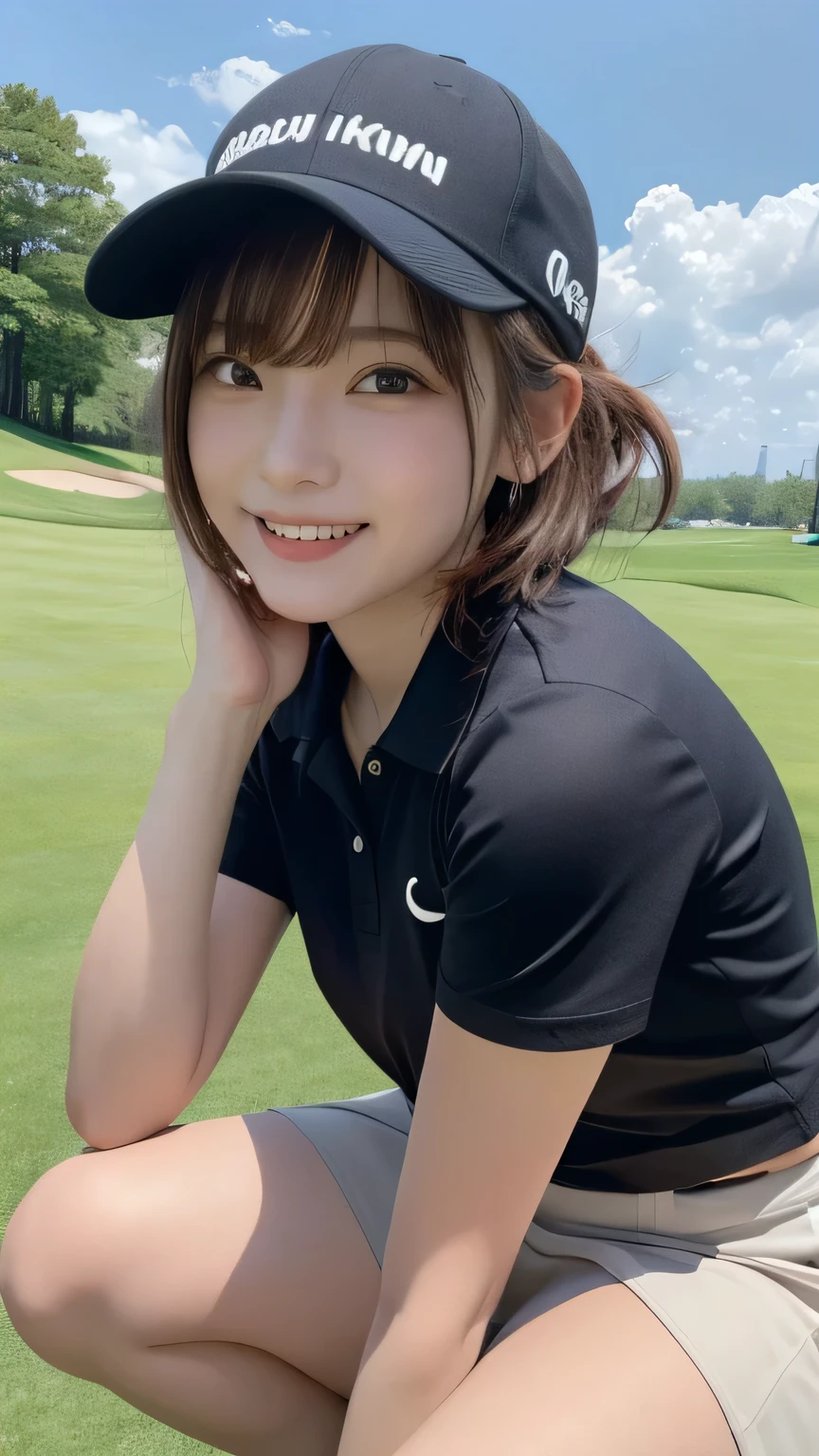 closeup shot , Best picture quality (8K, high resolution, Masterpiece: 1.2), super detailed,  215 Short Hair, -yeld wo, 

situation: Tee shot on the golf course。
clothing: Casual and sporty golf wear（Polo shirt and skirt or shorts）、Golf shoes。Wear a sun visor or cap、Hair tied in a ponytail。
angle: A side shot of the player hitting a tee shot from a short distance away。Emphasise the swing movement、The moment the club is swung down is captured in slow motion。Camera work that follows the direction of the ball creates a sense of realism。Her satisfied expression after the shot、Also capture the scenery with a blue sky as a background。

Close-up of face 

, random cute pose ,big eyes ,Puffy eyes ,  Heart Pupil, blush  , huge shy smile , salute

