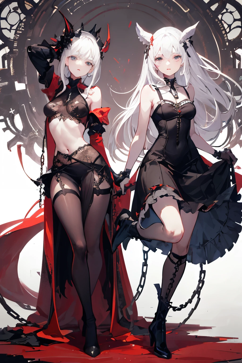  ((best quality)), ((masterpiece)), (detailed), 1girl, Character design, female, dynamic poses, long white grey hair, grey white eyes, very skinny, detailed, best quality, no accesoires around the neck, no shoes, prominent collarbones, skinny arms, flat stomach, visible hip bones, full body, blank white background, plain background, white background, red and white clothing, Bloodborne inspired, occult aesthetic, occult, detailed and intricate steampunk and detailed gothic, NSFW, Very dramatic and cinematic lighting, cosmic horror, grim-dark, side-lighting, perfect face, NSFW, Fluttering lace flared long knee length dress with frilly petticoats, knee length dress, pleated petticoats, petticoats gothic, complex lace boots, side-lighting, gothic aesthetic, wielding a mighty sword with mechanical components, mandalas, a fairy, various different types of insect wings, NSFW, full body, whole body, body, plain background, white background, blank background, no background, white background NSFW, chains, full body, whole body, head-to-toe NSFW 