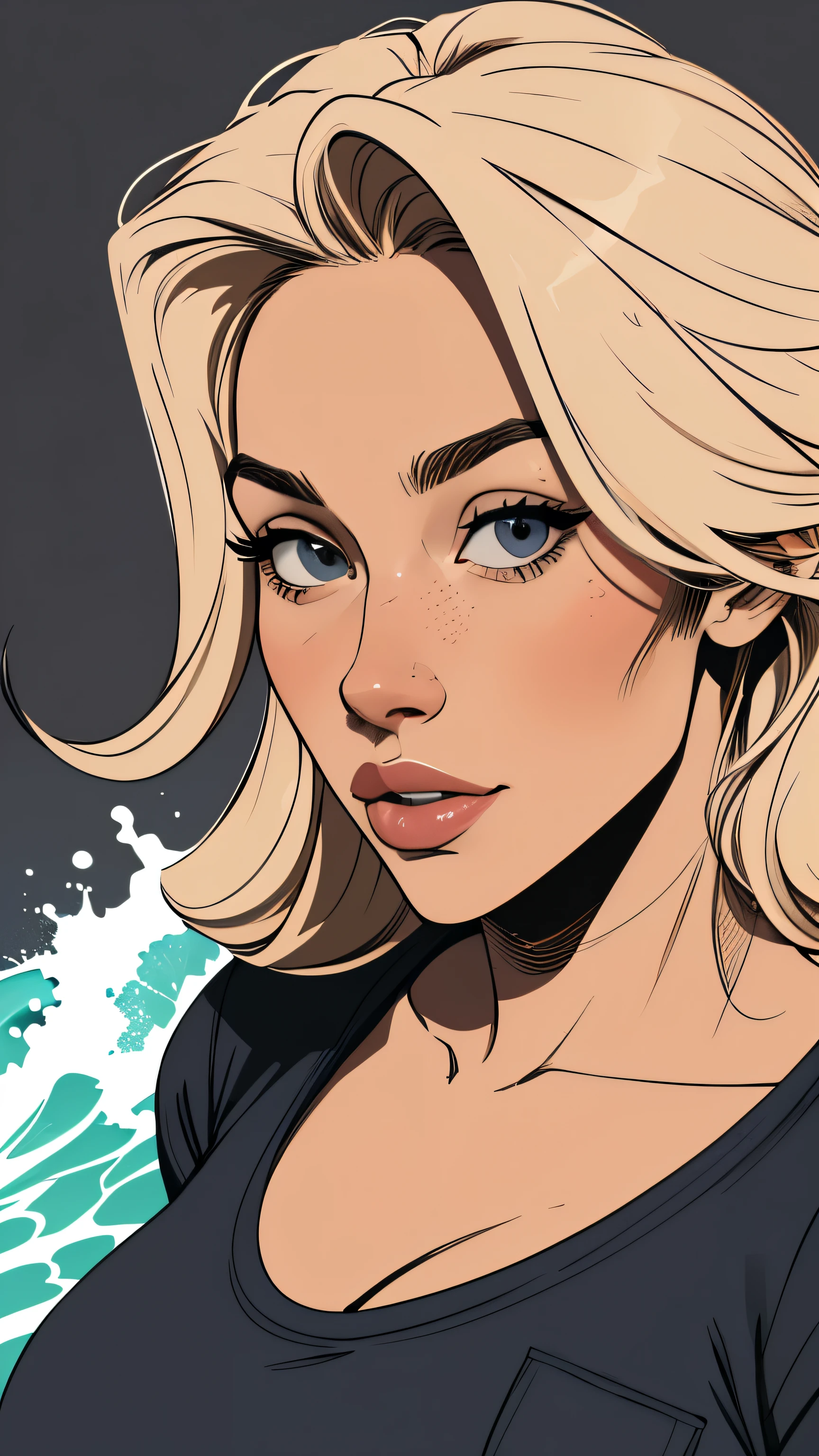 Flat colors, close up, Portrait of a 25 year old surfer girl, tan skin, beach blonde salty hair, natural beaty, beautiful, casual, pocket Tee shirt, Cleavage, (([Dark Grey Background]))