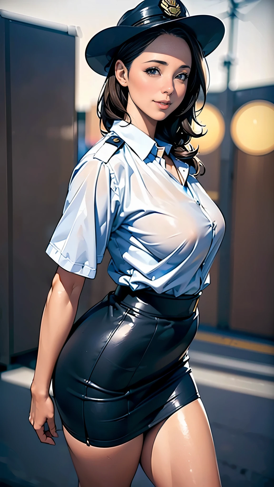 (masterpiece:1.2, highest quality), (Realistic, photoRealistic:1.4),Beautiful illustrations,(Natural Side Lighting, Cinema Lighting),1 female,Japanese,Mature Woman,Policewoman on patrol,48 years old,Perfect Face, Symmetrical face, Shiny skin,Random Hairstyles,Big eyes,(smile),(whole body),BREAK((Police Officer Shirt)),((Tight mini skirt)),(Police hat),(The background is a street corner:1.5),(((Background Blur:1.5))),((police uniform)),(front:1.5),((skirt tug))