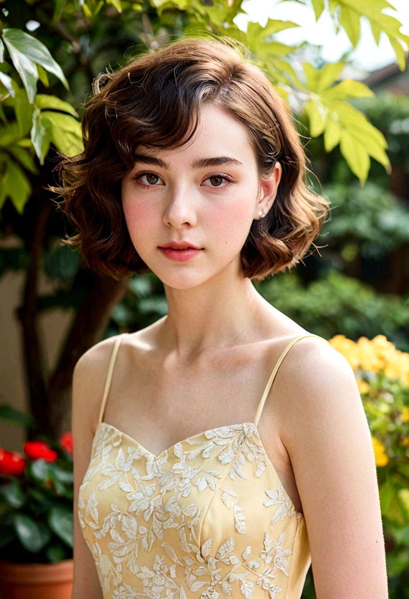 ((no hat:1.2)_thick perm short hair, female upper body)), beautiful face, pale skin, Simple pastel yellow dress, elegant portrait, 8k stock photos,