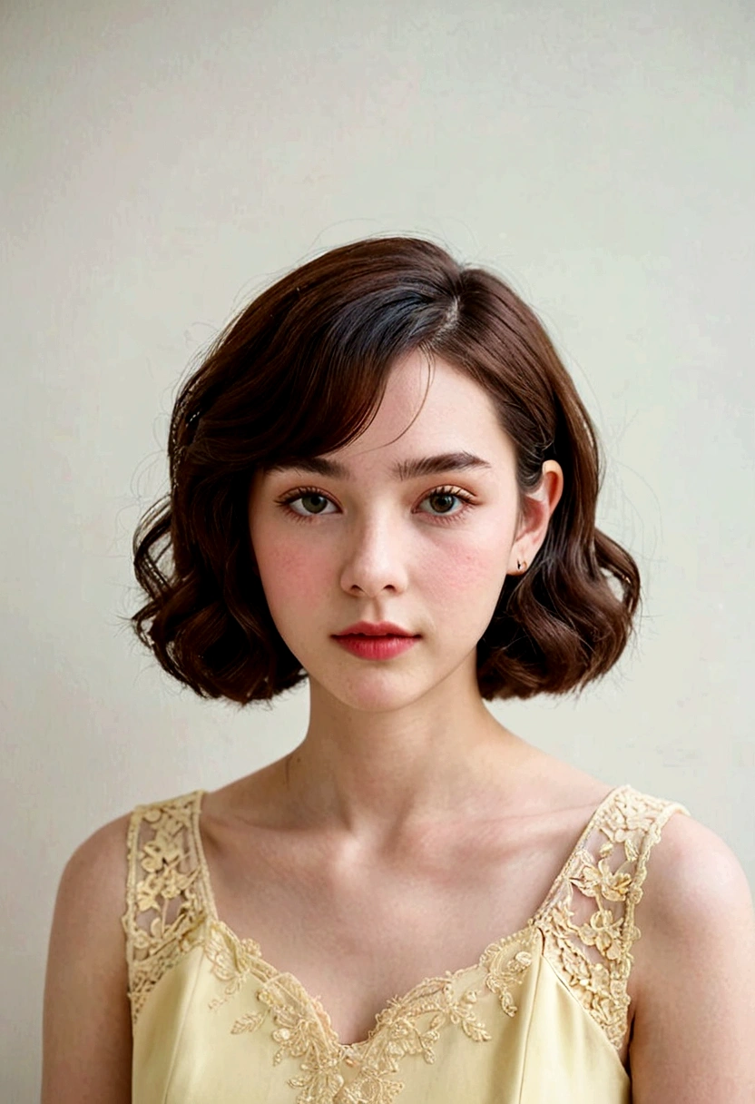 ((no hat:1.2)_thick perm short hair, 17 year old female upper body)), beautiful face, pale skin, Simple pastel yellow dress, elegant portrait, 8k stock photos,