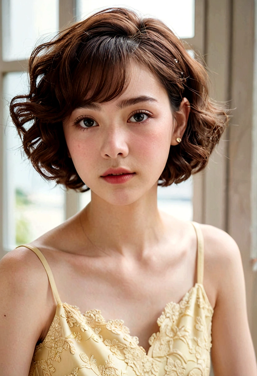((no hat:1.2)_thick perm short hair, 17 year old female upper body)), beautiful face, pale skin, Simple pastel yellow dress, elegant portrait, 8k stock photos,