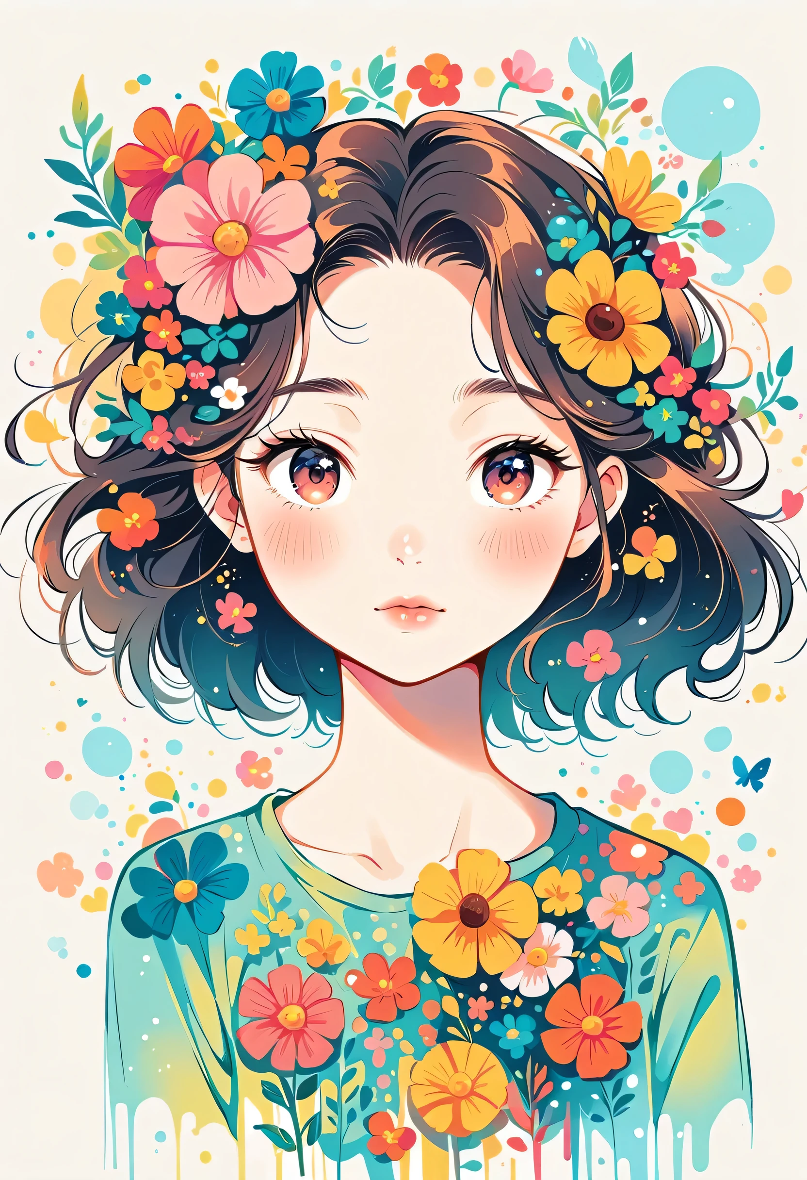 Hayao Miyazaki Style、The most beautiful girl of all time、Lips in Love、Colorful flowers、Simple line initials、Abstract art、Urban Background
