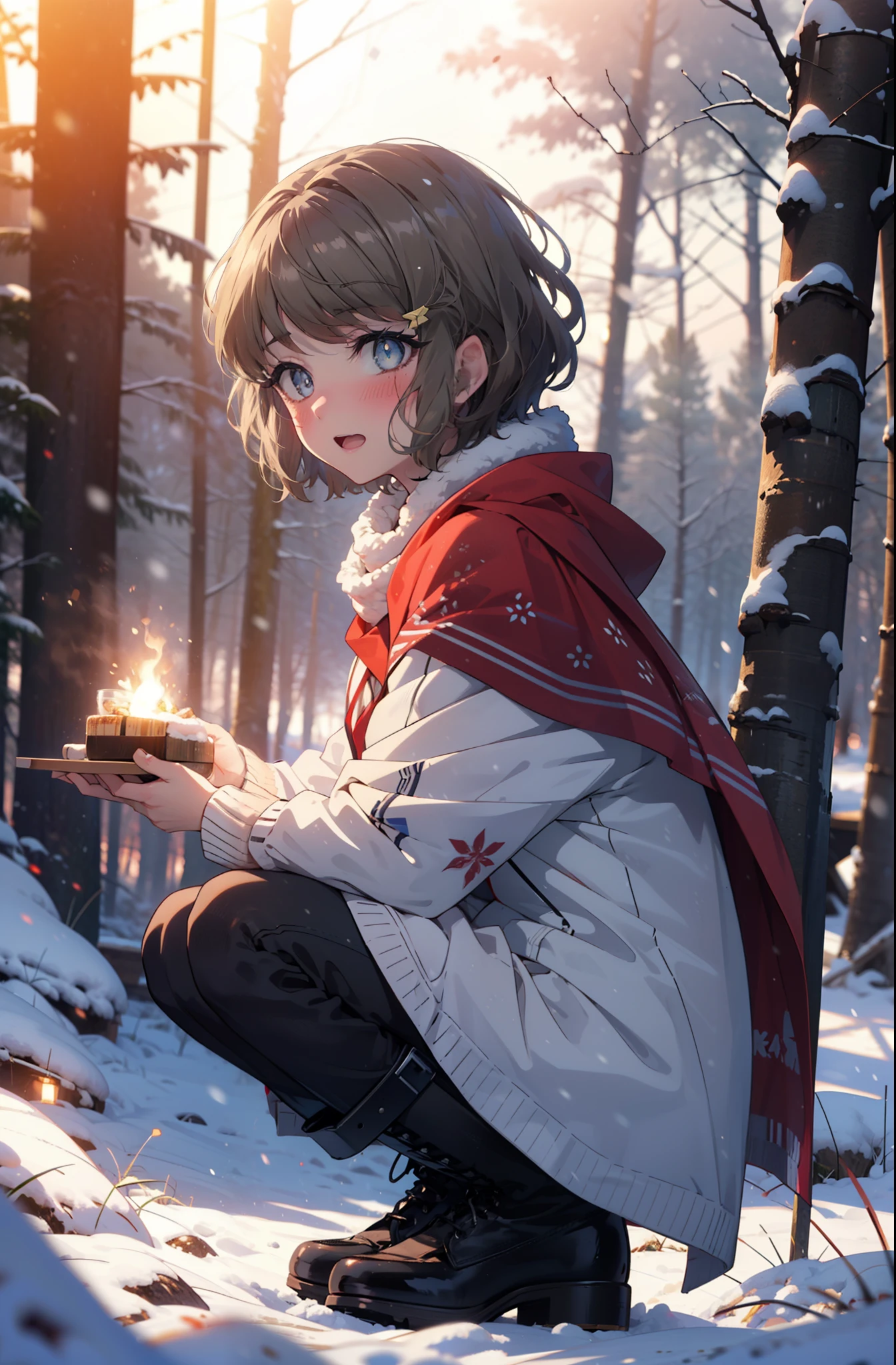 tomoekoga, Chie Koga, short hair, Brown Hair, blue eyes, hair band,smile,blush,White Breath,Center of chest,
Open your mouth,snow,Ground bonfire, Outdoor, boots, snowing, From the side, wood, suitcase, Cape, Blurred, having meal, forest, White handbag, nature,  Squat, Mouth closed, Cape, winter, Written boundary depth, Black shoes, red Cape break looking at viewer, Upper Body, whole body, break Outdoor, forest, nature, break (masterpiece:1.2), highest quality, High resolution, unity 8k wallpaper, (shape:0.8), (Beautiful and beautiful eyes:1.6), Highly detailed face, Perfect lighting, Highly detailed CG, (Perfect hands, Perfect Anatomy),