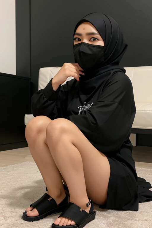 Wanita umur 19 tahun,kulit putih bersih, pakai hijab hitam, pakai masker putih , pakai pakaian ketat, pakai rok mini hitam, pakai kaos kaki hitam, pakai sepatu putih, baground kamar gelap