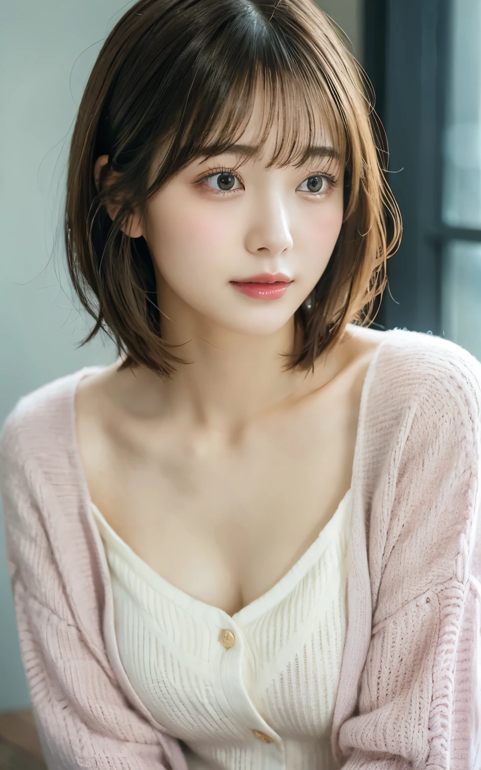 Tabletop, highest quality, 8k, 20th Generation, 大きな豊かなchest, cute, alone, sad, cute, Girlish, Delicate girl, Pure beauty, RAW Photos, Professional photography, Portraiture, Soft Light, Professional Lighting, Backlight, Upper Body, avert your eyes, Sophisticated, Film Grain, (Eye and facial details:1.0), Short floating hair, Beautiful, flowing hair, bangs, Pink Cardigan、chest、 outside、Nipples