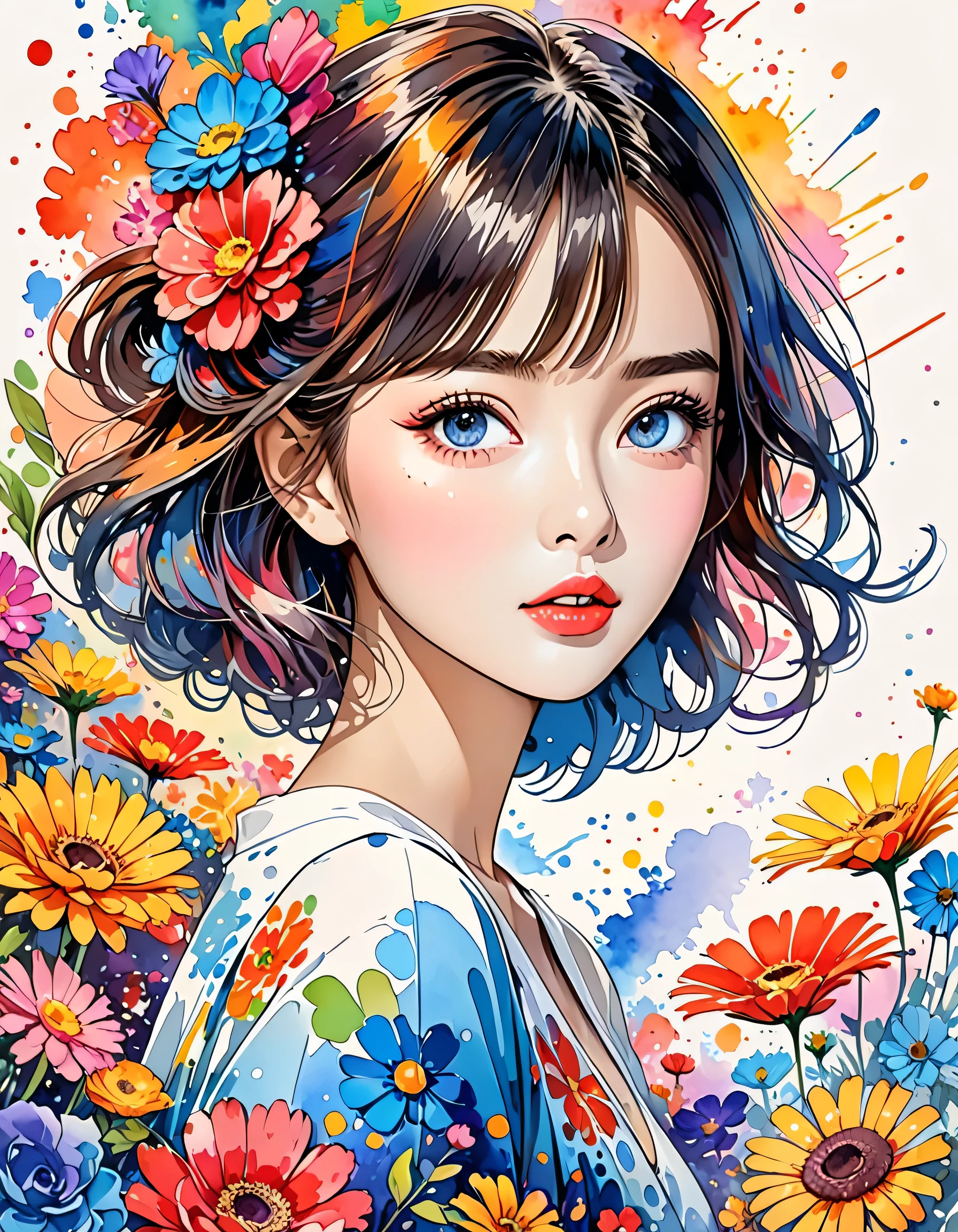 Hayao Miyazaki Style、(((stylish fashion))), 8K Quality、Intense watercolor, Detailed watercolor art, Watercolor splash, Surreal, avant-garde pop art, Beautiful and expressive paintings, Beautiful artwork illustration, Very colorful tones, wonderful, Cool beauty, highest quality、Official Art, Vector art, Stylish design, (((The most beautiful girl))), (((highest quality))), HDR, ((detailed)), (((Doodle Art)), ((masterpiece)), ((Super detailed)), (((Colorful flowers))),(((Stylish)))