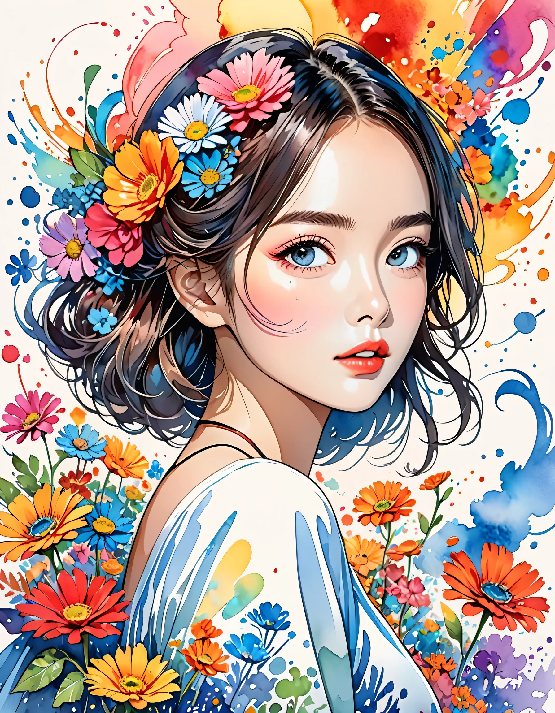 Hayao Miyazaki Style、(((stylish fashion))), 8K Quality、Intense watercolor, Detailed watercolor art, Watercolor splash, Surreal, avant-garde pop art, Beautiful and expressive paintings, Beautiful artwork illustration, Very colorful tones, wonderful, Cool beauty, highest quality、Official Art, Vector art, Stylish design, (((The most beautiful girl))), (((highest quality))), HDR, ((detailed)), (((Doodle Art)), ((masterpiece)), ((Super detailed)), (((Colorful flowers))),(((Stylish)))