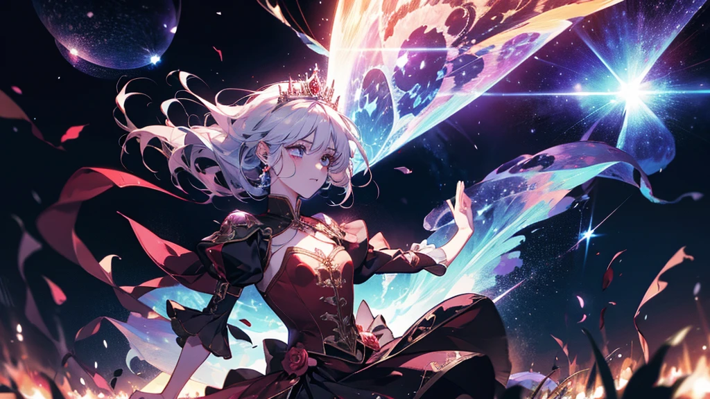 Princess, magical, fantasy, war, blood, floating hair, epic, burning village, anger, Psychedelics effects, meteor, cosmos