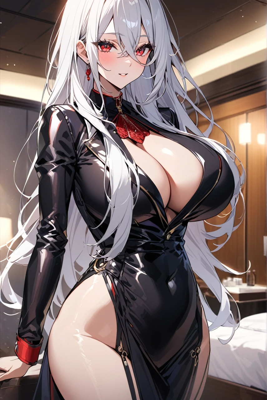 Tall woman, white hair, red eyes, defined, dressed in very sexy luxury attire, big breasts, chic motel room background