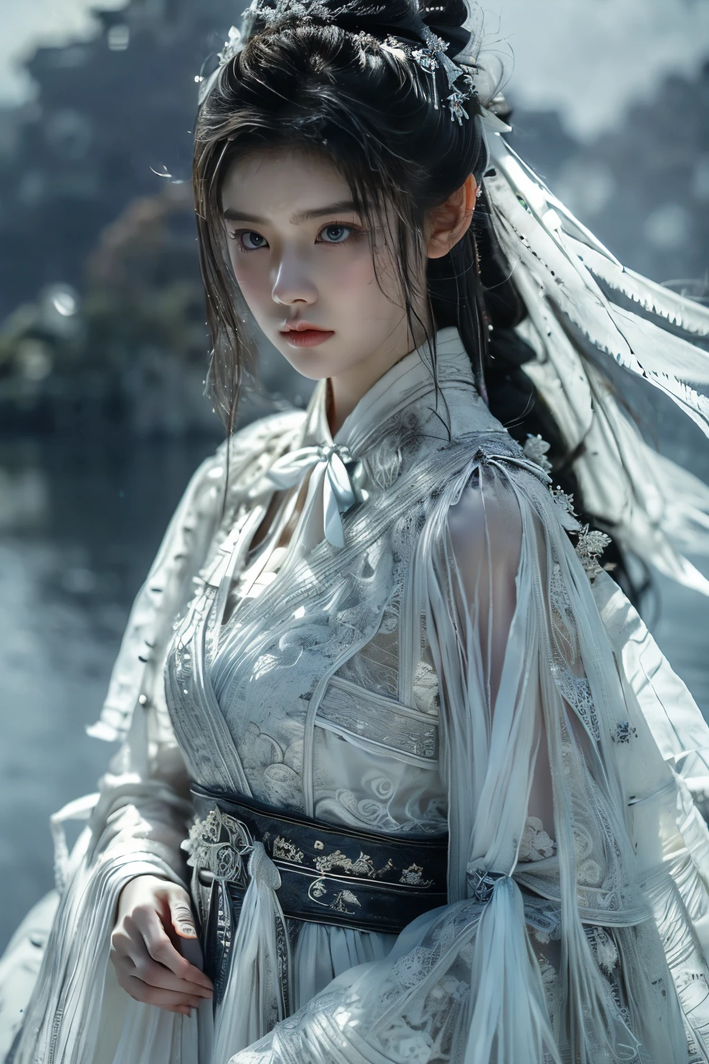 8k wallpaper, volumetric lighting, dynamic lighting, a girl, (white veil fluttering in the wind), (white hanfu robe, black embroidery), black ponytail long hair, long hair flowing, black hair, fringed hair ornaments, peony, ancient style, red belt, dynamic pose, dramatic composition, petals falling, red belt, ancient architectural background, complex background, cloud and mist entanglement, fairy tale background, cloudy and mist, movie lighting,