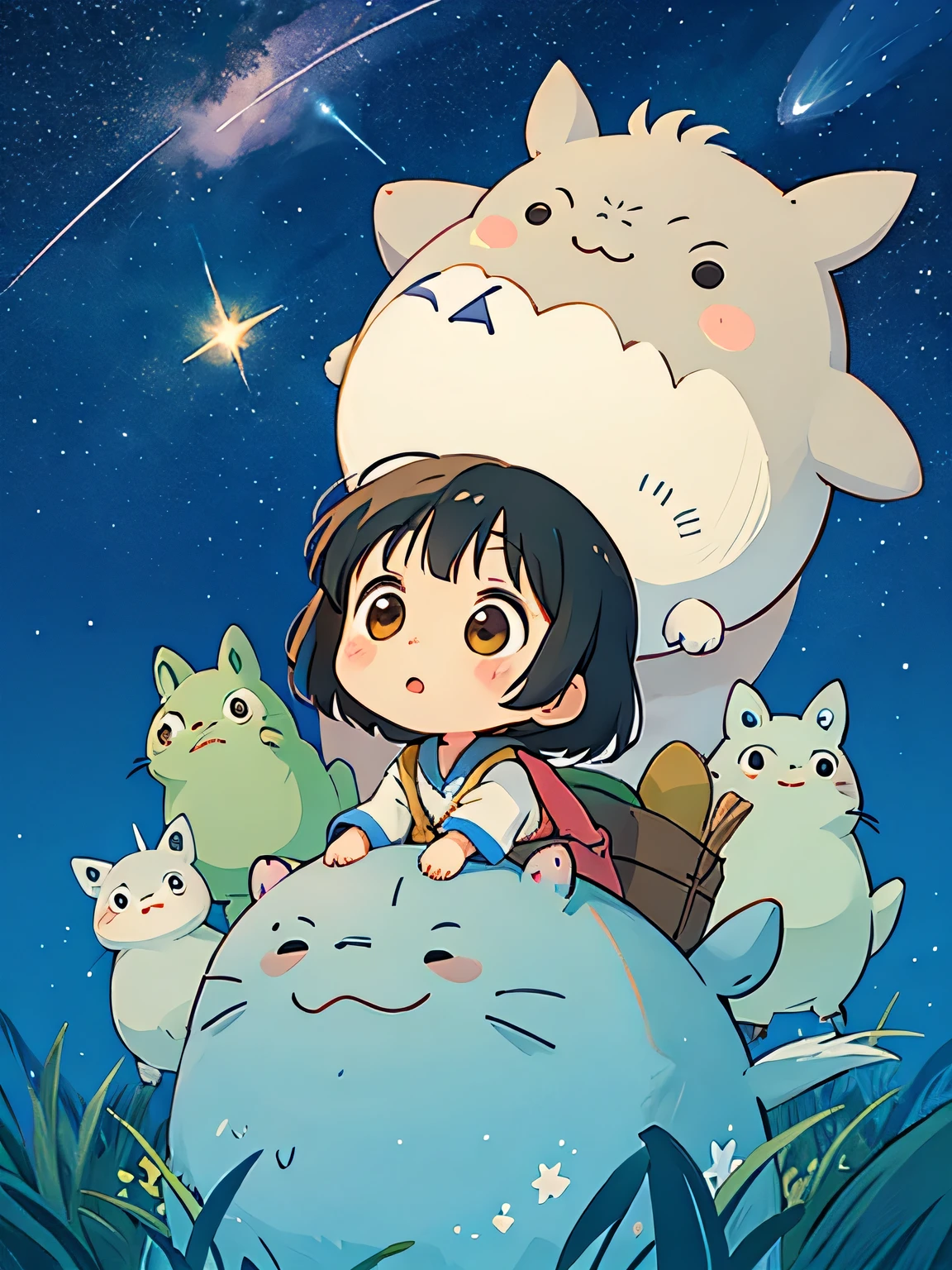 Hayao Mayazaki style, Kawaii Design, The most beautiful girl of all time、Chibi, Looking up at the night sky, totoro, shooting star, Cute Animals