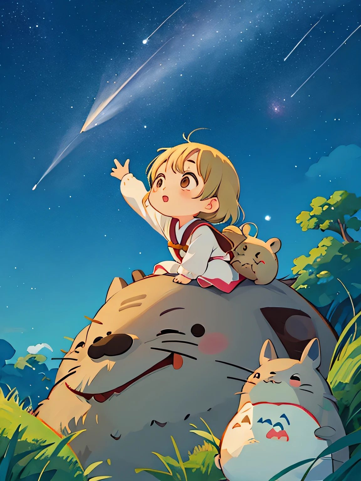 Hayao Mayazaki style, Kawaii Design, The most beautiful girl of all time、Chibi, Looking up at the night sky, totoro, shooting star, Cute Animals