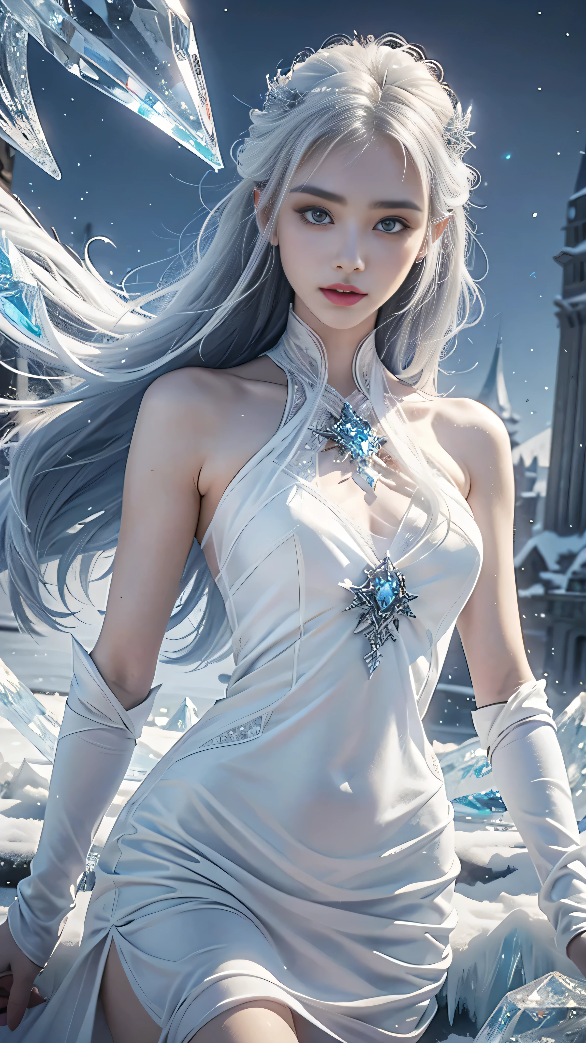 a beautiful ice goddess, good face, happy face, very long hair, realistic eyes, small breasts, ice magician, ice elemental, intricate design and details, chilling mist, cold, blizzard storm, conjuring ice spell, casting ice spell, detailed dress, (white dress:1.5), realistic ice effect, ((ice:1.5)), snow particles, dark fantasy art style, ruined city, dramatic lighting, cinematic,