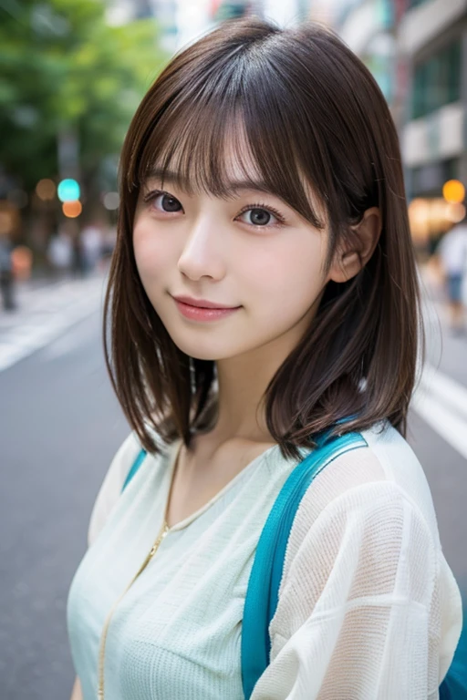 ((Photoreal)), 8K full-length portrait, (Beautiful woman), (Japanese woman), (detailed face), attractive look, Clear system, 18-year-old, Tokyo city, summer, for the background, medium hair, 