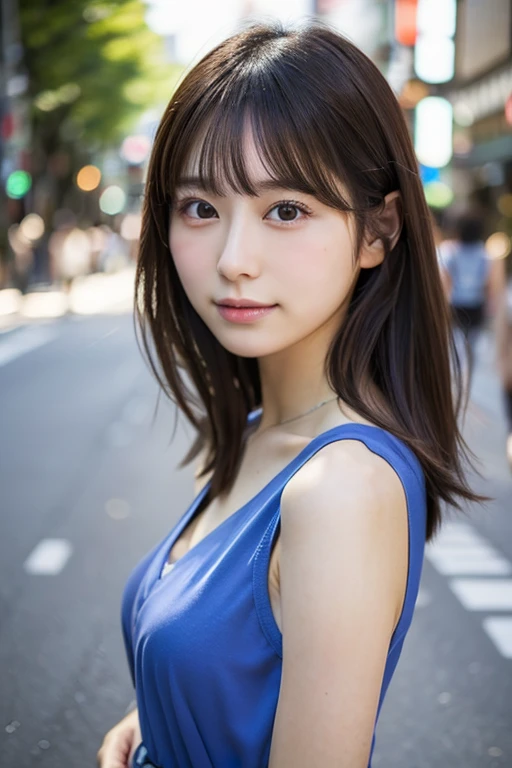 ((Photoreal)), 8K full-length portrait, (Beautiful woman), (Japanese woman), (detailed face), attractive look, Clear system, 18-year-old, Tokyo city, summer, for the background, medium hair, 