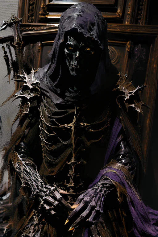 ((realistic illustration:1.4)),(dark fantasy:1.3), ((male)), ((purple eyes:1.4)). ((Hooded))(black skeleton:1.2)((shadow:1.1)) (wraith), wearing ((black battle armor)),  Celtic cross pendant, tall imposing, accompanied by his (raven companion). (agent of divine vengeance).Masterpiece, (highly detailed:1.2),(detailed face and eyes:1.2), 8k wallpaper, natural lighting. core shadows, high contrast, bokeh.