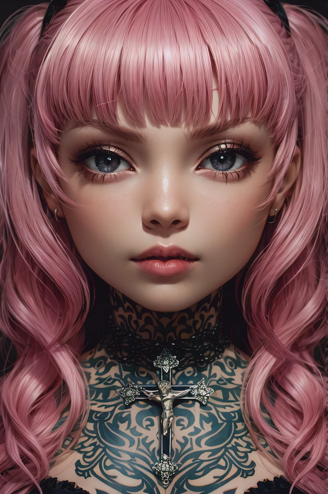 A stunningly realistic anime-style close-up of a beautiful goth girl with pink hair. Her bangs are evenly cut and cover her forehead, framing her piercing eyes and the nose ring that adorns her nose. A full neck tattoo wraps around her neck, and she wears a choker with a detailed crucifix pendant. The overall atmosphere of the image is dark and mysterious, capturing the essence of the gothic subculture.