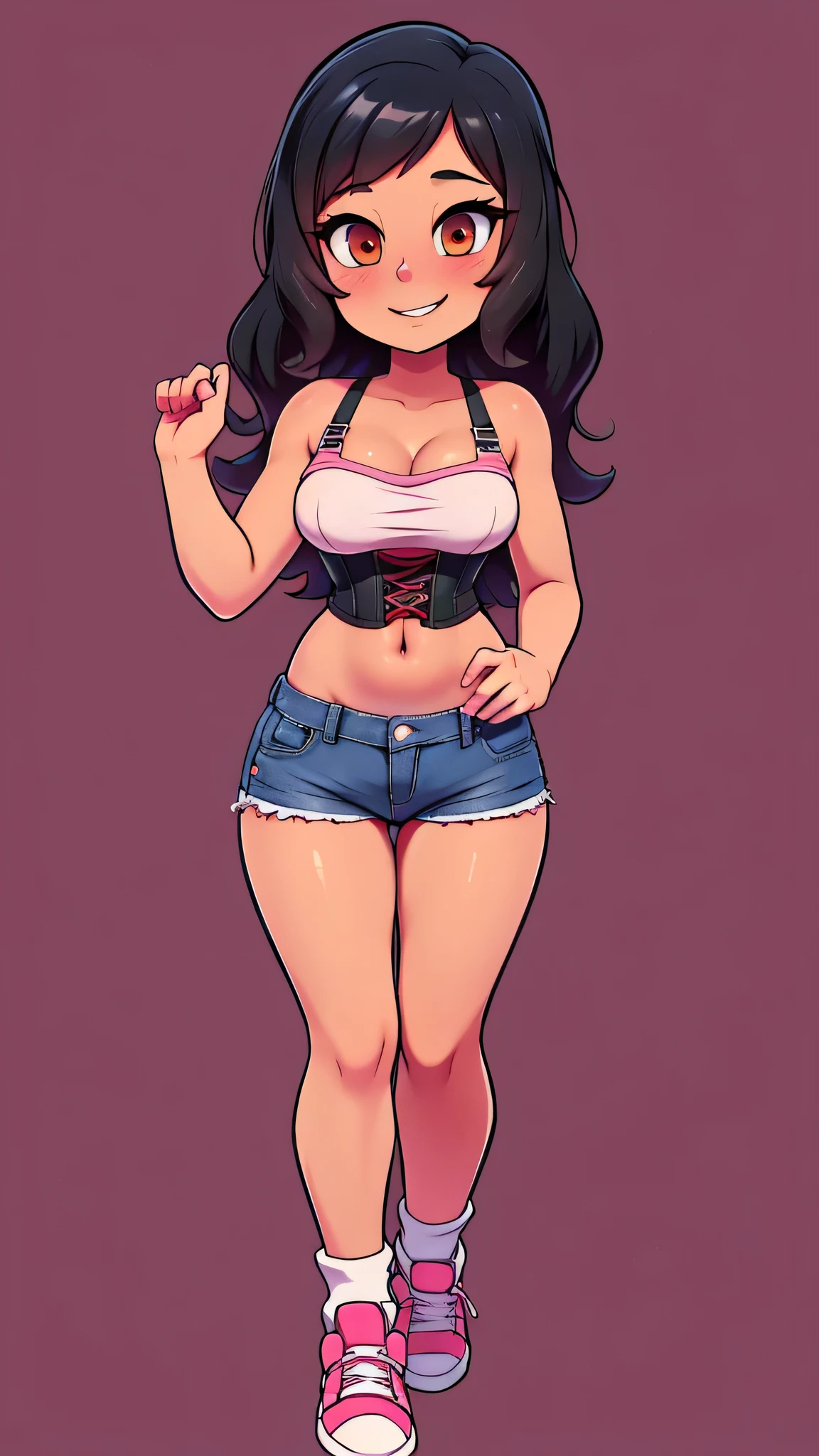 A cute sexy girl smiles kindly friendly emotion shy nervous scared mute long wavy black emo hair mencho her pink eye dresses corset bra shows navel and sensual jeans thigh red tennis shoes
