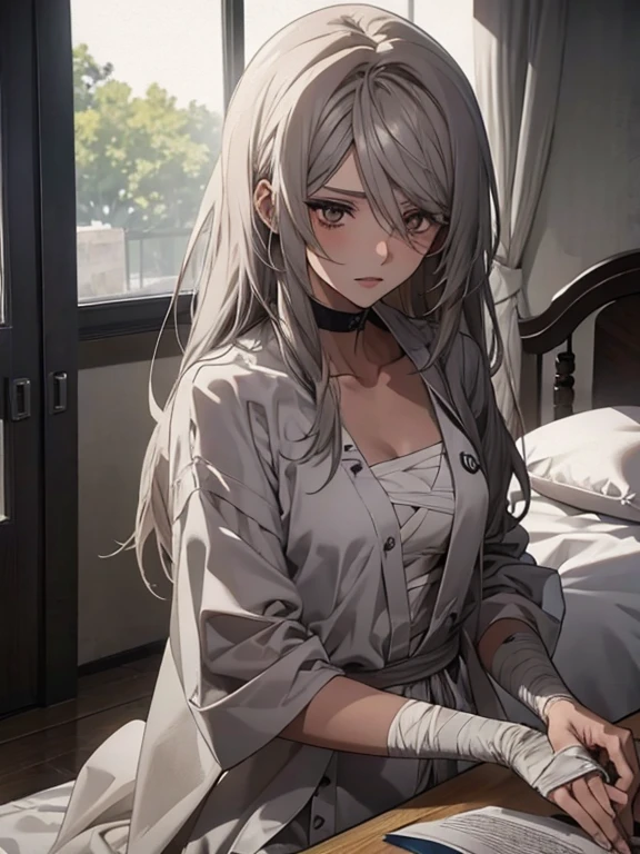 (Confused, High resolution, Very detailed), 1 female, Silver Hair,Long Hair,Reddish brown eyes,White patient gown,,Appearance of the injury,24th generation,beauty,mature,thin,quiet,Calm,Sitting on a medical bed,右腕にbandageをしている,hospital,I was injured,bandage