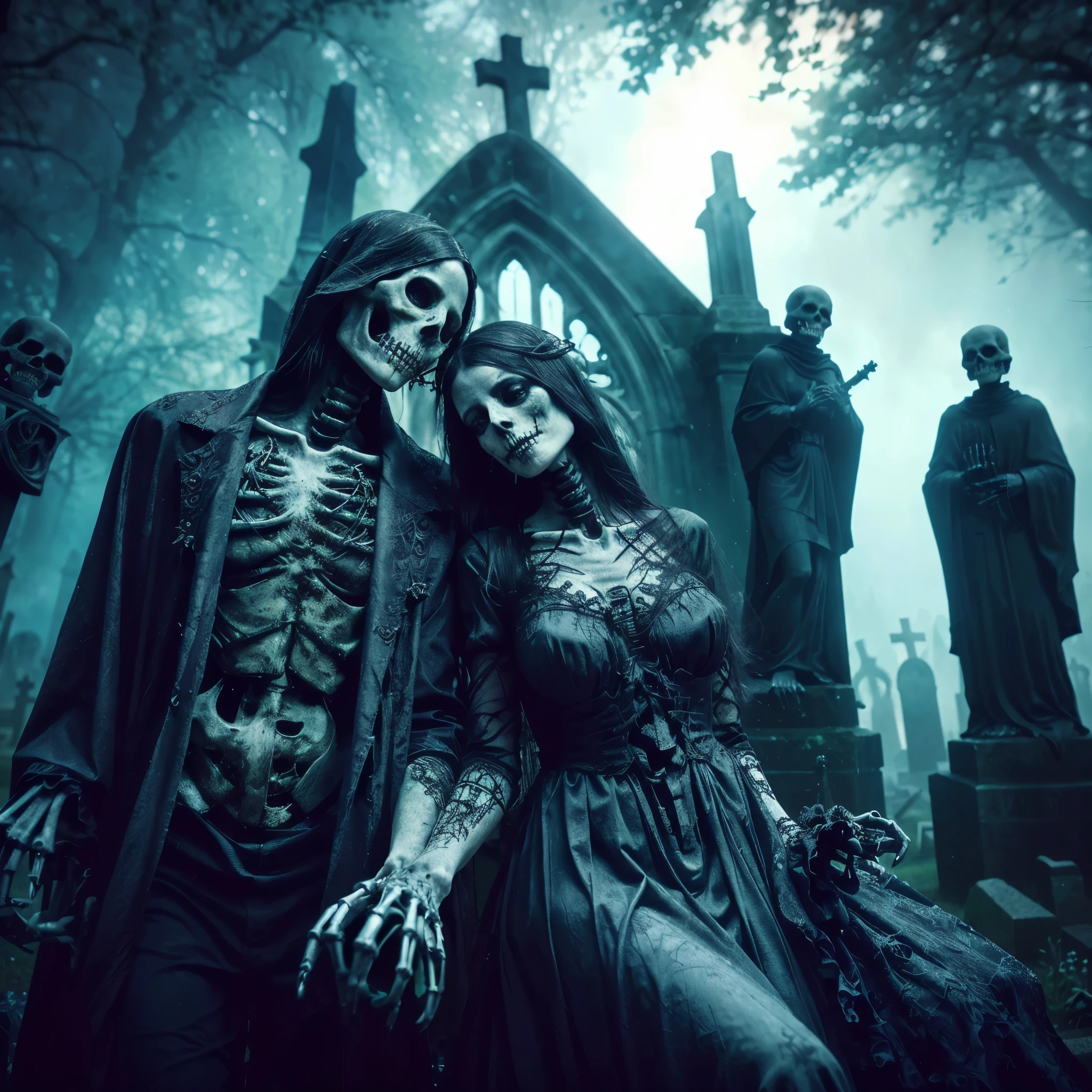 Create a full-size, hyper-realistic wide shot image of an old scary zombie couple sitting together. This cinematic photo should have the feel of a dark fantasy portrait, suitable for a poster or conceptual art. The composition should be intense and engaging, capturing the eerie essence of the characters in a dark, atmospheric setting