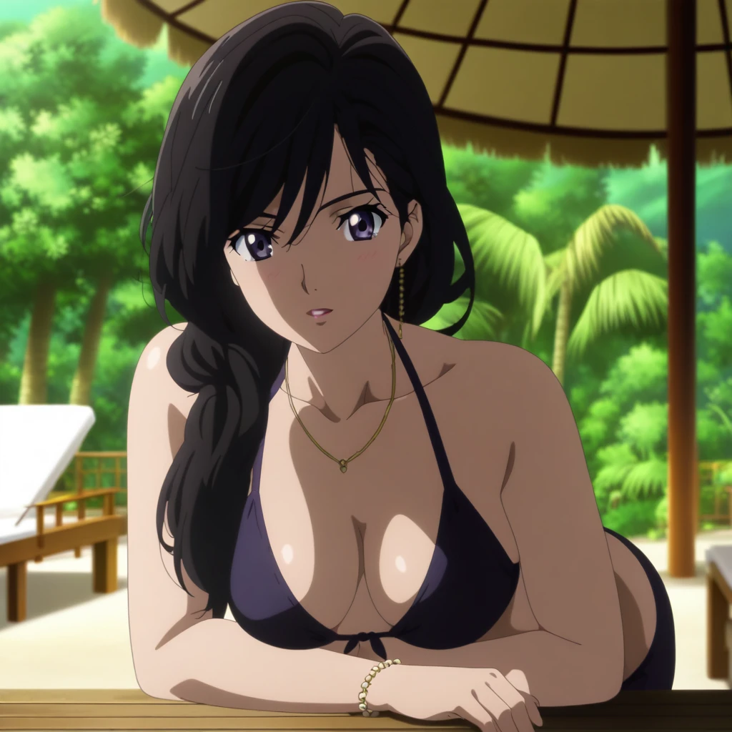 A beautiful and elegant female with long black hair, wearing a stylish bikini, relaxing at a tropical resort with beach cabanas and lush greenery, in the style of Tsukasa Hojo's anime art, highly detailed, anime art,