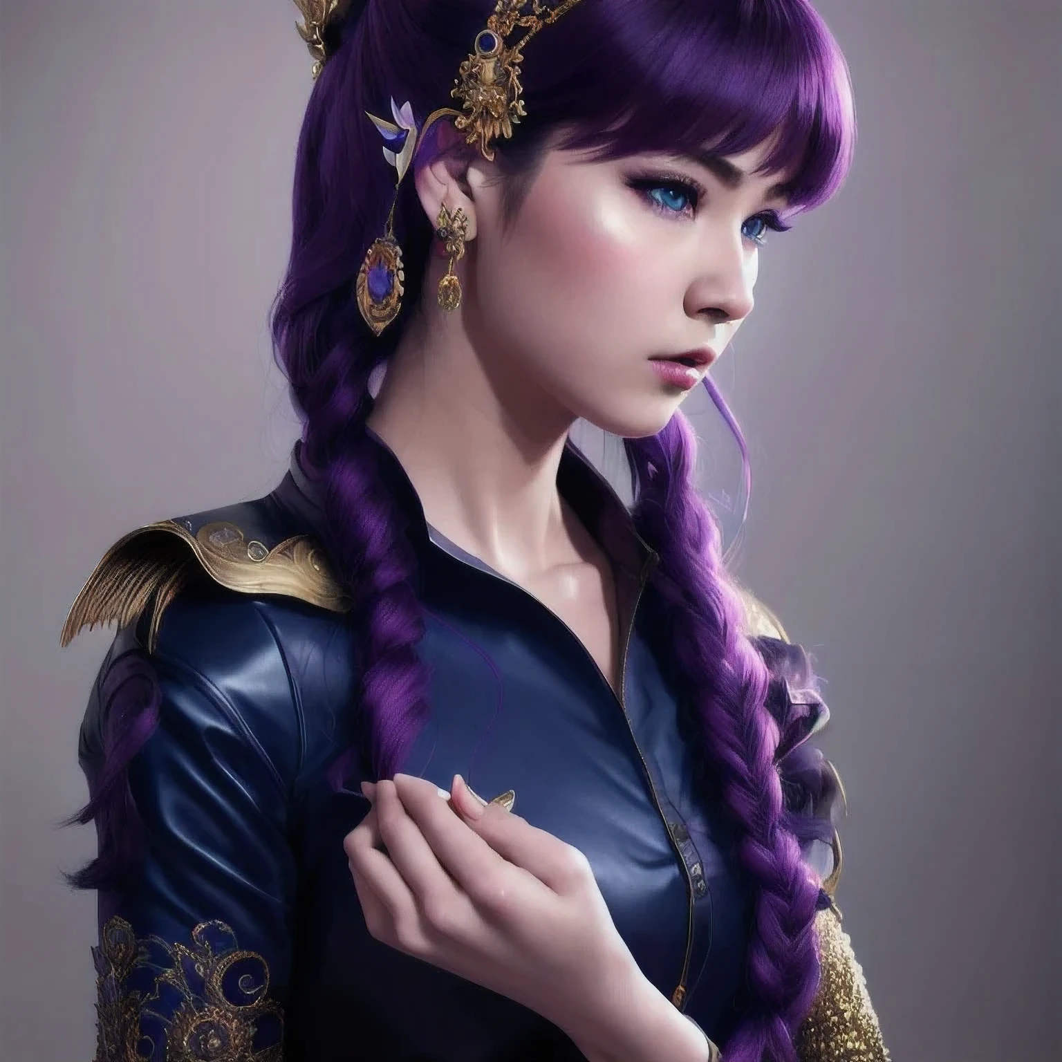 a 18 years old in a purple dress holding a dragon, wlop and ross tran, ross tran 8 k, fantasy art style, chengwei pan on artstation, a beautiful fantasy empress, ross tran and wlop, ruan jia and artgerm, the dragon girl portrait, ig model | artgerm, artgerm and ruan jia，beautiful 1girl bangs blue eyes closed mouth ear piercing earrings grey background hair ornament jewelry lips looking at viewer military military uniform nose piercing portrait realistic short hair simple background solo upper body