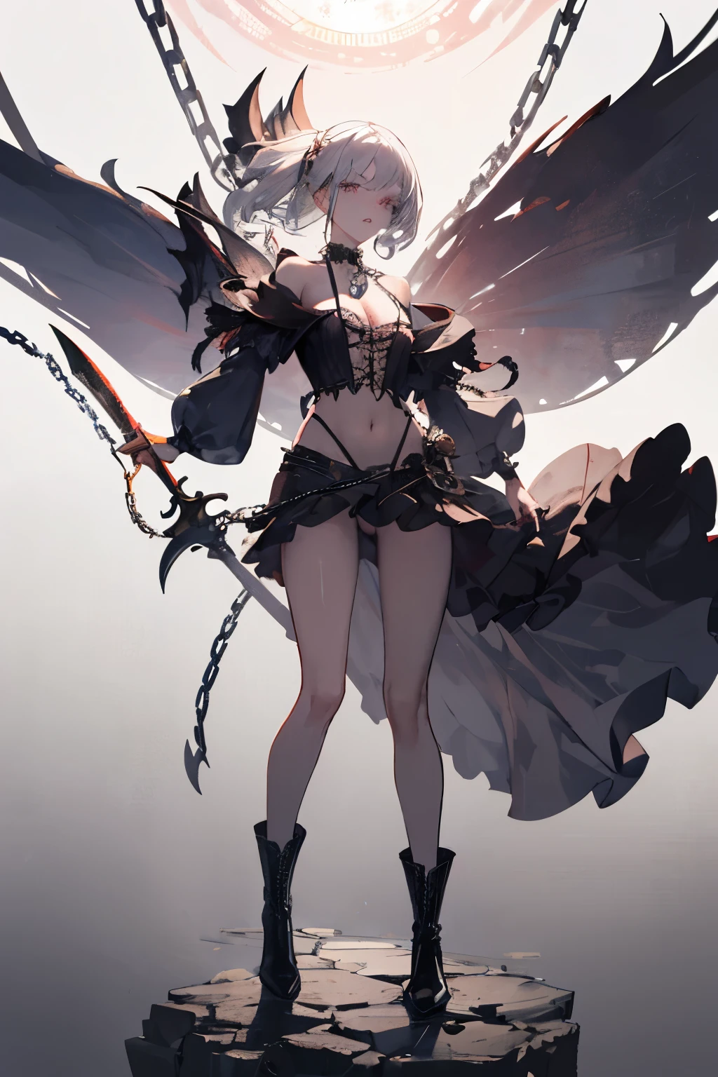  ((best quality)), ((masterpiece)), (detailed), 1 girl, single female, solo female, Character design, female, dynamic poses, long white grey hair, grey white eyes, very skinny, detailed, best quality, no accesoires around the neck, no shoes, prominent collarbones, skinny arms, flat stomach, visible hip bones, full body, blank white background, plain background, white background, red and white clothing, Bloodborne inspired, occult aesthetic, occult, detailed and intricate steampunk and detailed gothic, NSFW, Very dramatic and cinematic lighting, cosmic horror, grim-dark, side-lighting, perfect face, NSFW, Fluttering lace flared long knee length dress with frilly petticoats, knee length dress, pleated petticoats, petticoats gothic, complex lace boots, side-lighting, gothic aesthetic, wielding a mighty sword with mechanical components, mandalas, a fairy, various different types of insect wings, NSFW, full body, whole body, body, plain background, white background, blank background, no background, white background NSFW, chains, full body, whole body, head-to-toe NSFW 