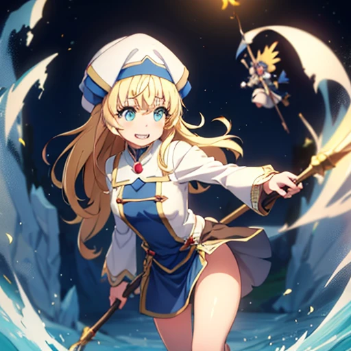 masterpiece, highest quality, 超A high resolution, highest quality, Anime Style, Beautiful Face, Goblin Slayer, Priestessess, White and blue clothes, (One girl:1.3), White Hat, (Carrying a walking stick:1.3), (Green Wind Effect:1.3), teeth, teeth focus, Lift up your skirt, Skirt flip, anus, pubic hair, Sweat, embarrteethed, Grin,