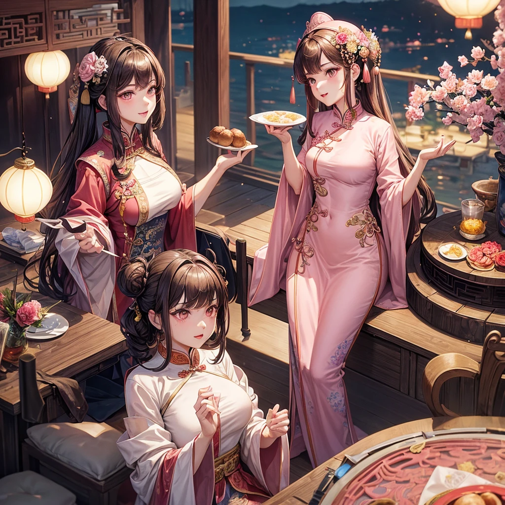 masterpiece, highest quality, Waterfront, banquet, 1 female, Mature Woman, elegant, Chinese style, ancient China, younger sister, Royal younger sister, Happy, Meatball Head, Light brown hair, Pink Eyes, Gorgeous hat, Pale pink lips, Pink clothes, thread-like clothes, intellectual, Full Bang, Flat bangs, Flower Ball, Delicate face,Updo