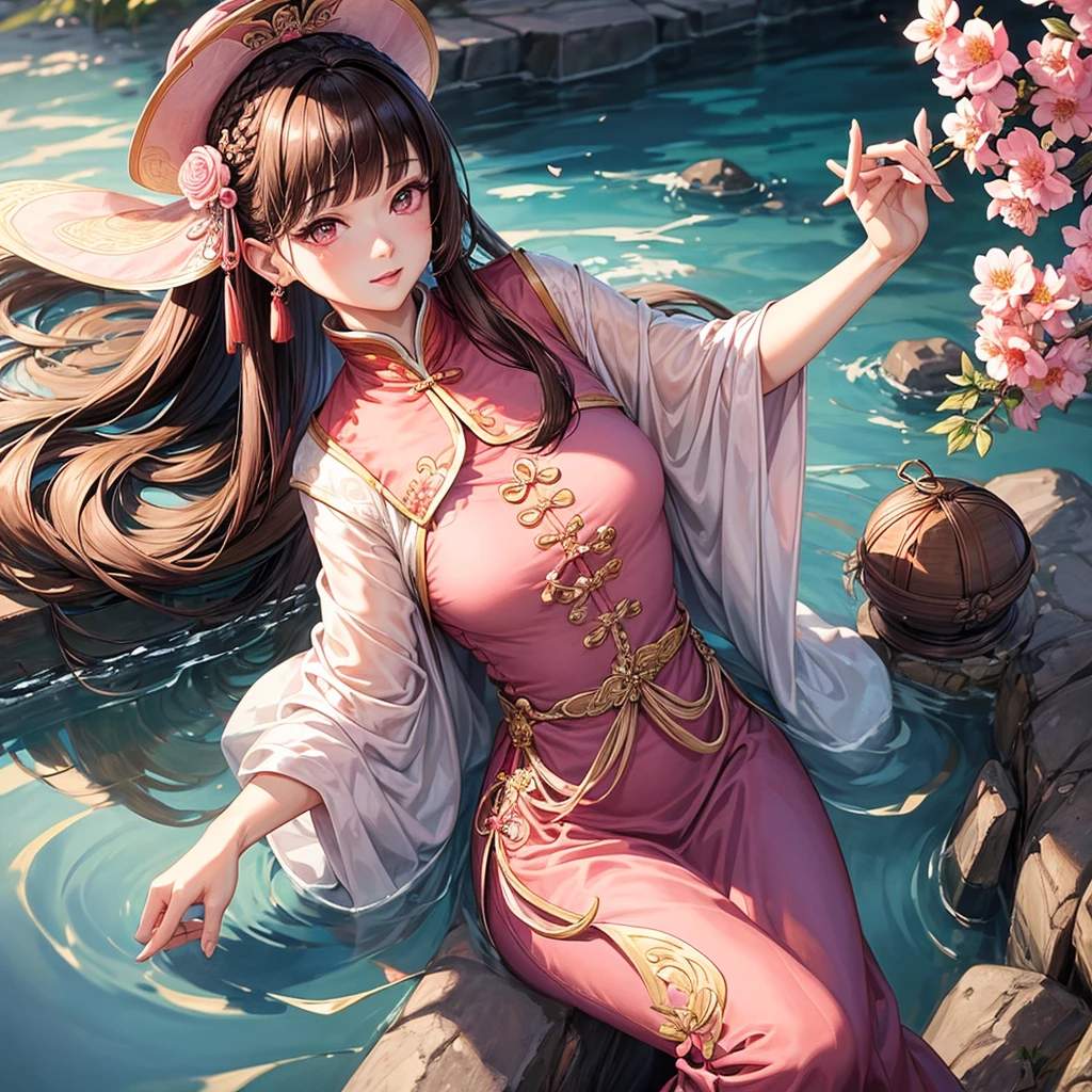 masterpiece, highest quality, Waterfront, banquet, 1 female, Mature Woman, elegant, Chinese style, ancient China, younger sister, Royal younger sister, Happy, Meatball Head, Light brown hair, Pink Eyes, Gorgeous hat, Pale pink lips, Pink clothes, thread-like clothes, intellectual, Full Bang, Flat bangs, Flower Ball, Delicate face,Updo