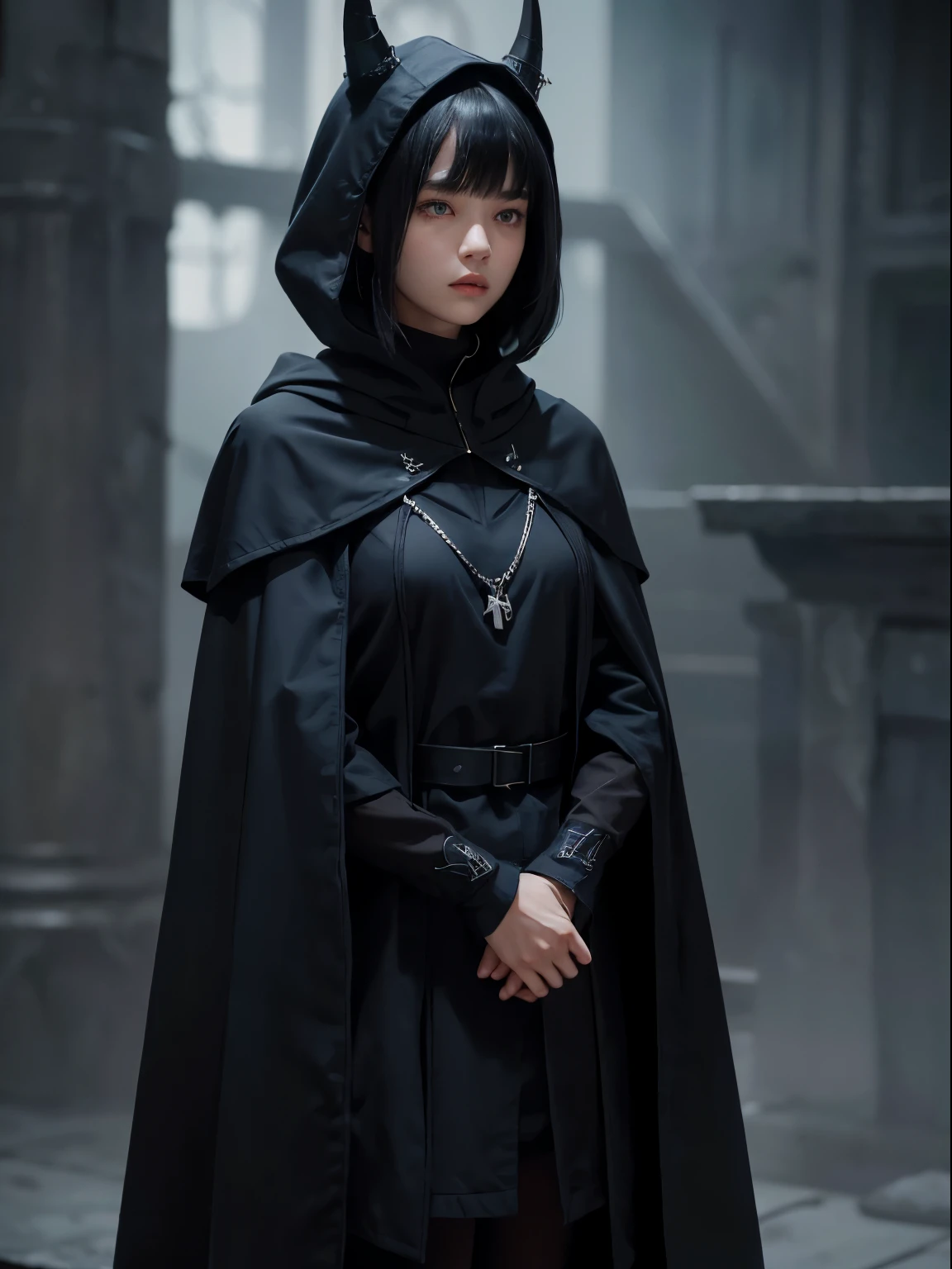 a 15 yo girl, whole body, wearing navy blue cloak hood with silver runes lining, serious face, short bob hair with bangs, emerald eyes, black hair, single horn on left, dark theme, soothing tones, muted colors, high contrast, looking away (natural skin texture, hyperrealism, soft light, sharp) armory background,