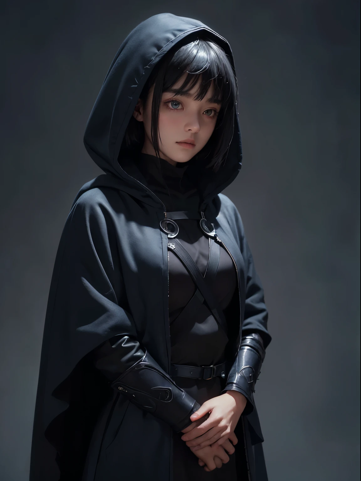 a 15 yo girl, whole body, wearing navy blue cloak hood with silver runes lining, serious face, short bob hair with bangs, emerald eyes, black hair, single horn on left, dark theme, soothing tones, muted colors, high contrast, looking away (natural skin texture, hyperrealism, soft light, sharp) armory background,