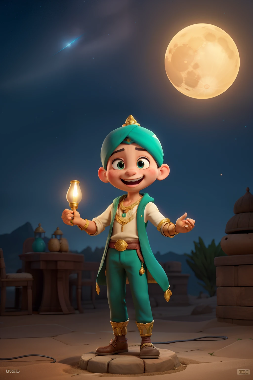 Create a whimsical 2D character of a light green genie emerging from a golden lamp. The genie has a mystical aura, adorned with traditional Arabian clothing, including a turban and ornate jewelry. The character should have a friendly, mischievous expression with big, expressive eyes and a glowing, translucent tail that swirls around the lamp. The background should feature an enchanted, Arabian night scene with a full moon and twinkling stars. Art style: Disney, high detail, vibrant colors, UHD.
